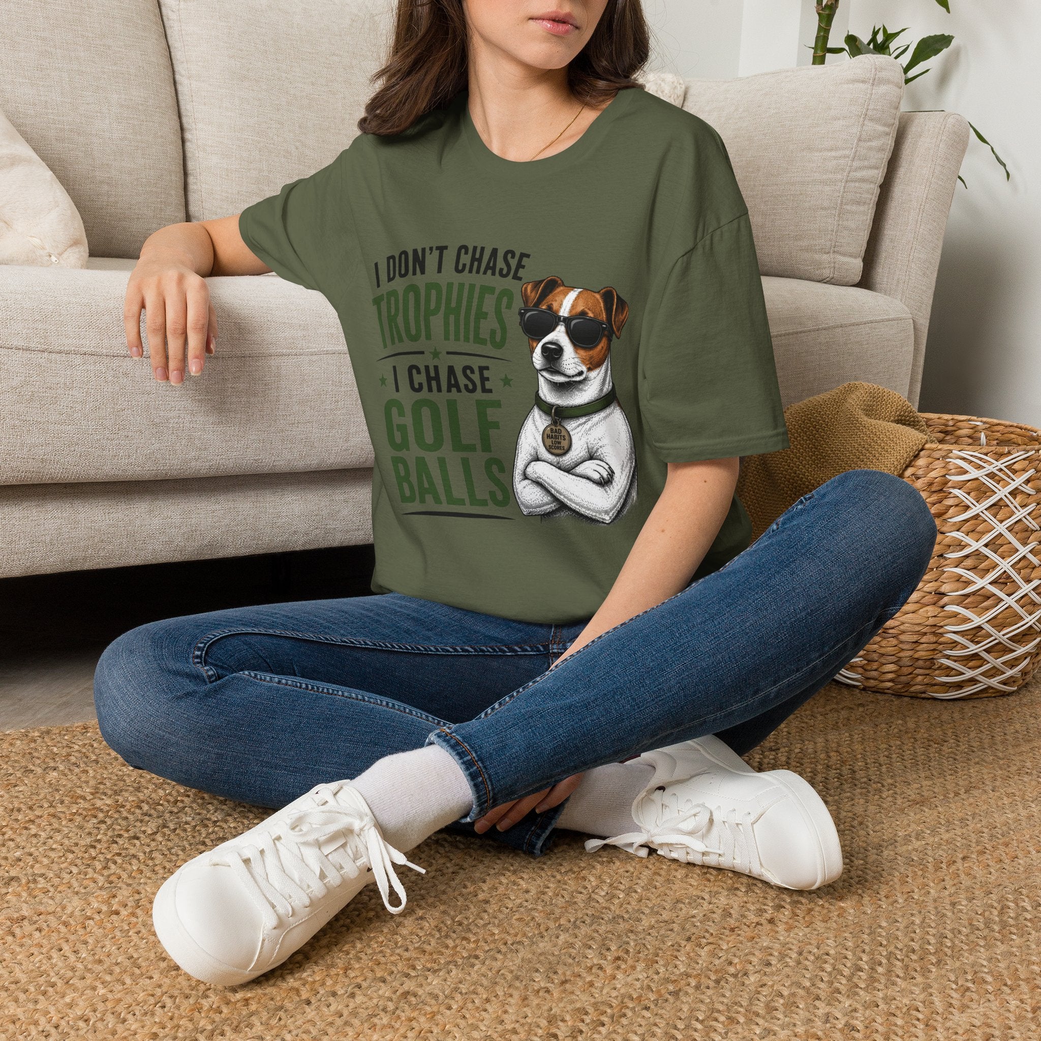 Golf Dog T‑Shirt — "I Don't Chase Trophies I Chase Golf Balls"