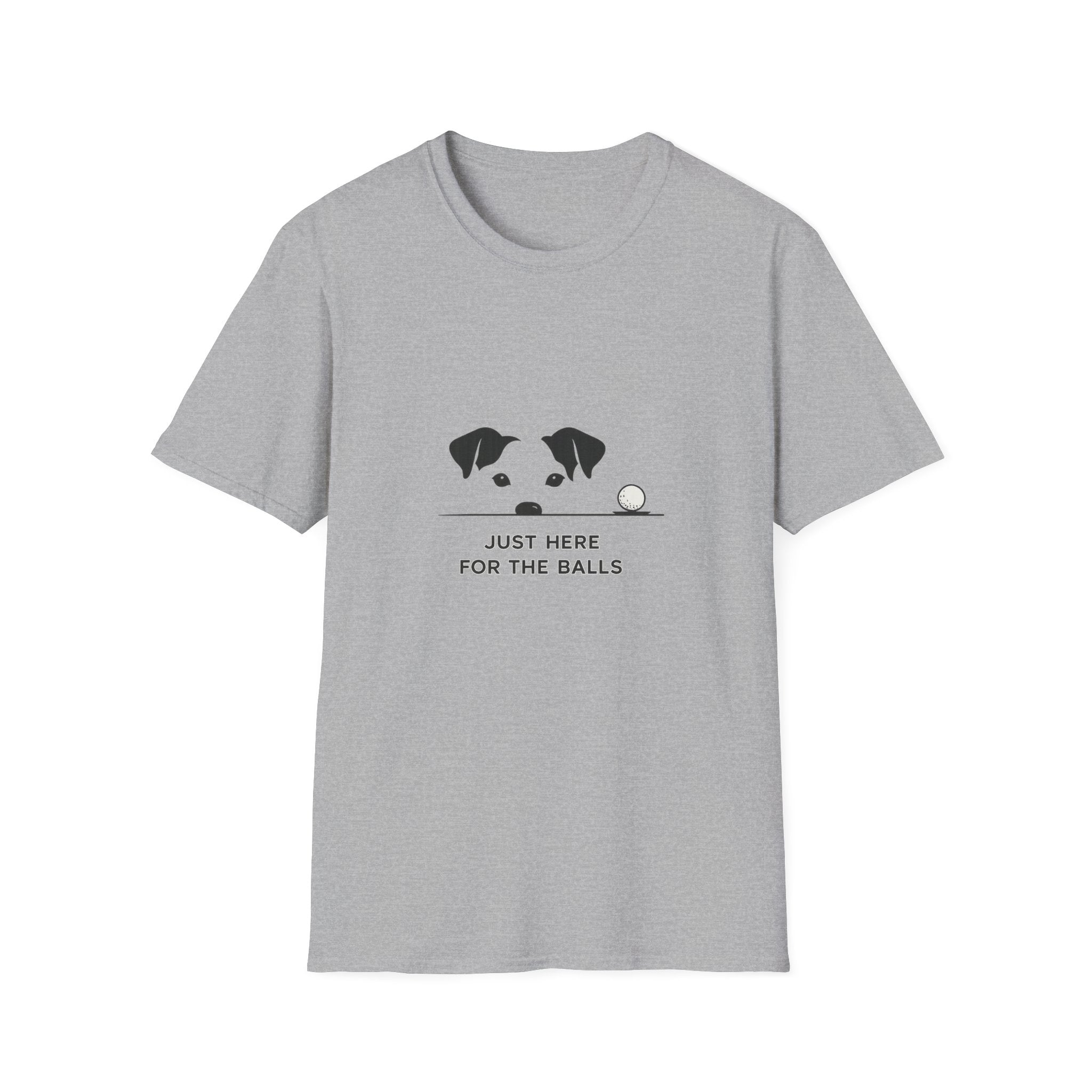 Dog Peeking with Golf Ball T‑Shirt — "Just Here for the Balls" Funny Pet Golfer Tee
