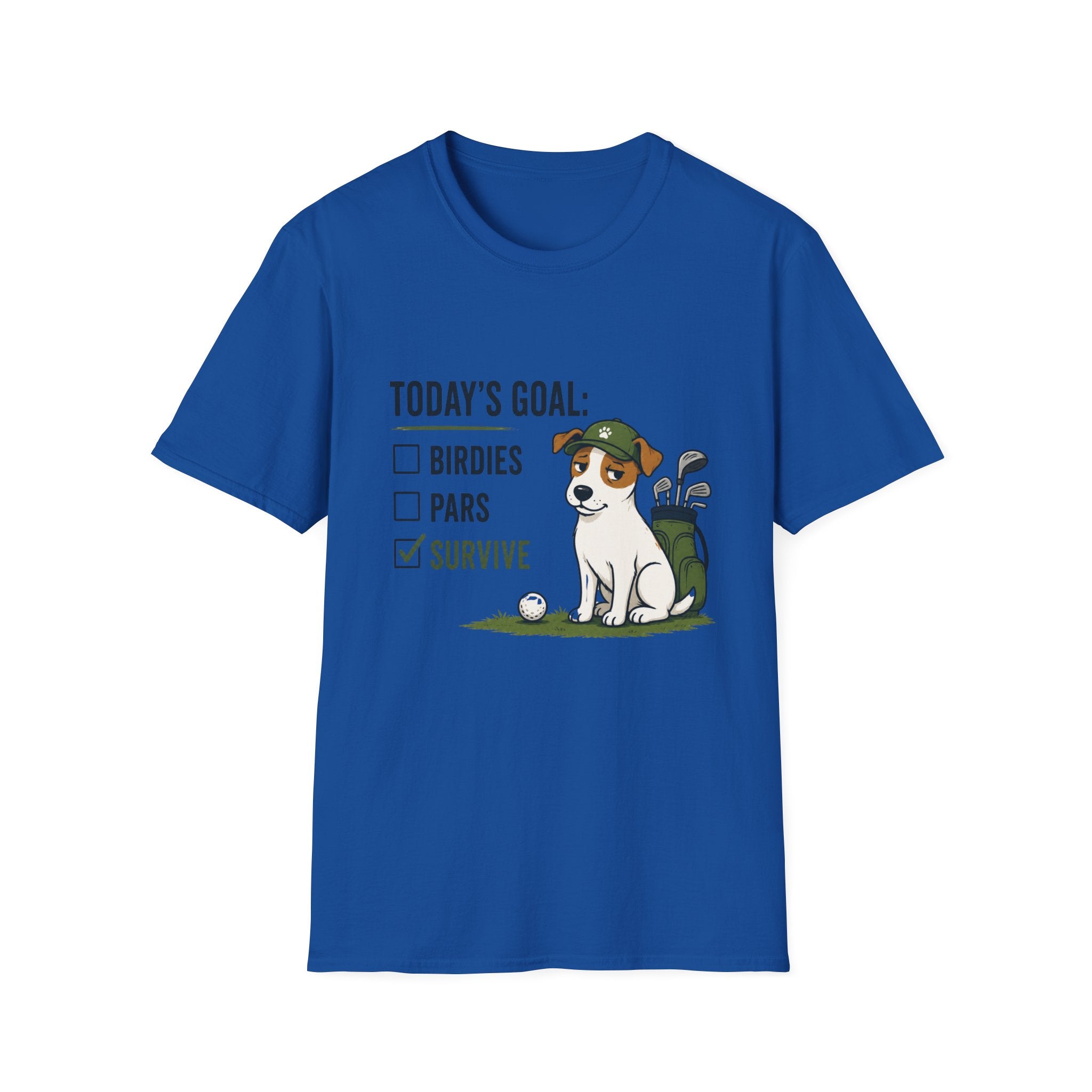 Golf Dog T-Shirt — "Today's Goal: Birdies, Pars, Survive" Funny Golfing Tee