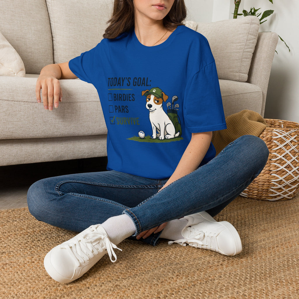 Golf Dog T-Shirt — "Today's Goal: Birdies, Pars, Survive" Funny Golfing Tee