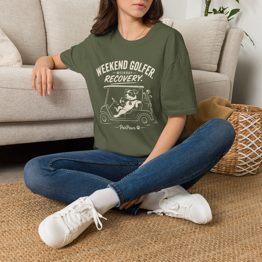 Weekend Golfer T-Shirt — “Weekend Golfer. Weekday Recovery.” Golf Cart Dog Graphic