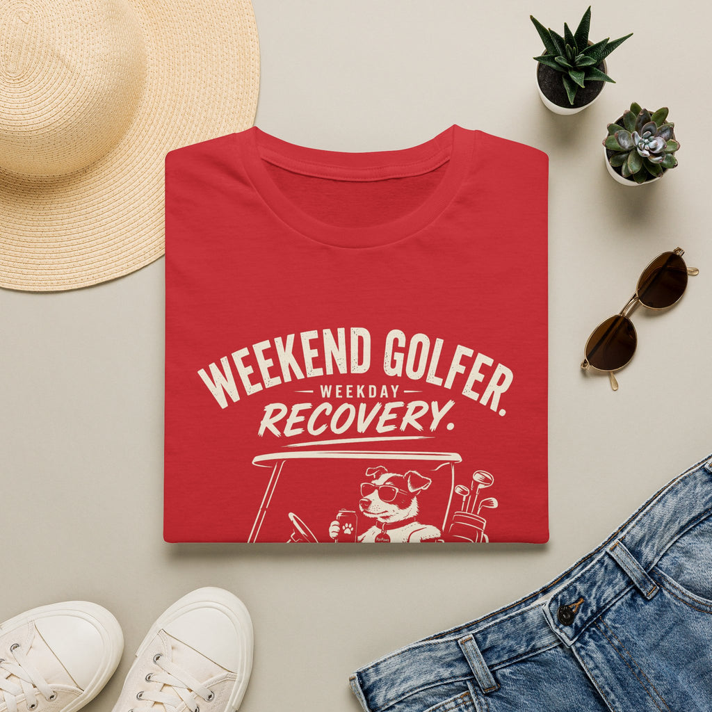 Weekend Golfer T-Shirt — “Weekend Golfer. Weekday Recovery.” Golf Cart Dog Graphic
