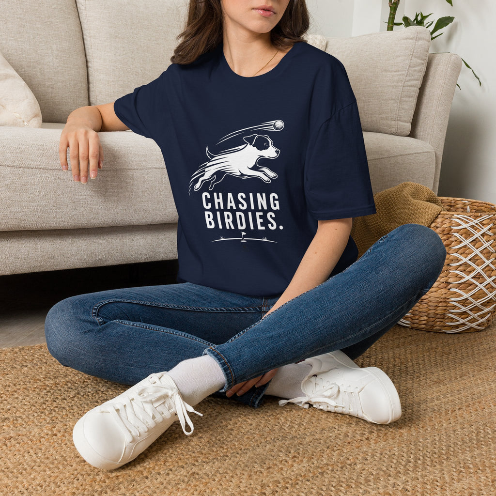 T-Shirt — "Chasing Birdies" Dog Badminton Graphic Tee