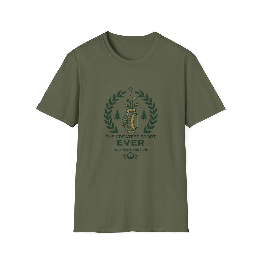 Golf T-Shirt — “The Greatest Sport Ever” Vintage Golf Bag Design