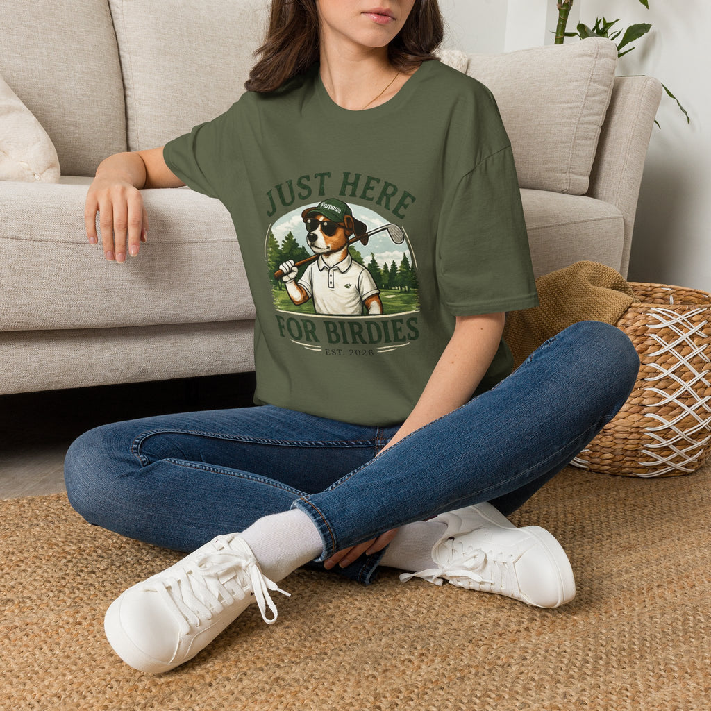 Golf Dog T‑Shirt — "Just Here for Birdies" Casual Golfing Tee