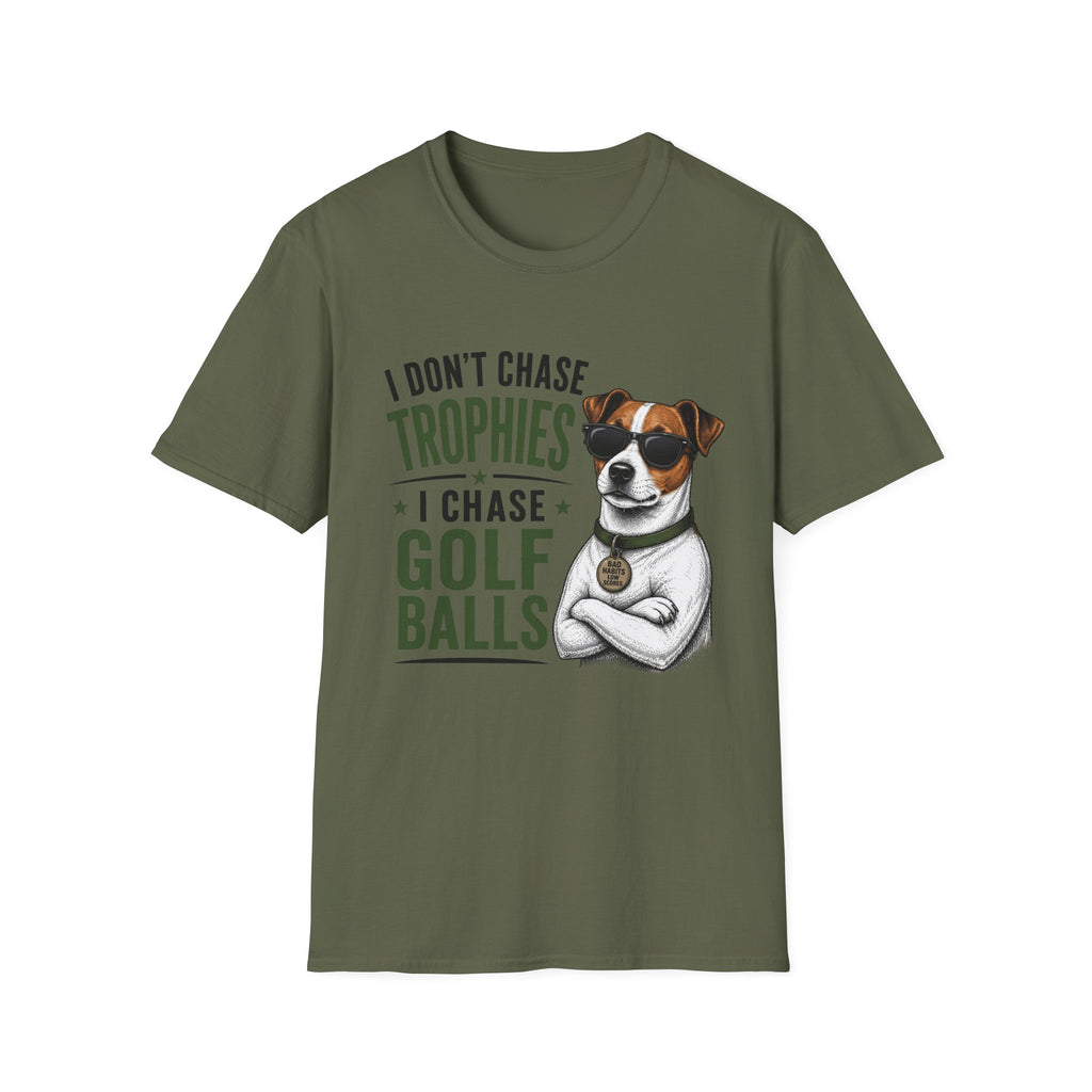 Golf Dog T‑Shirt — "I Don't Chase Trophies I Chase Golf Balls"