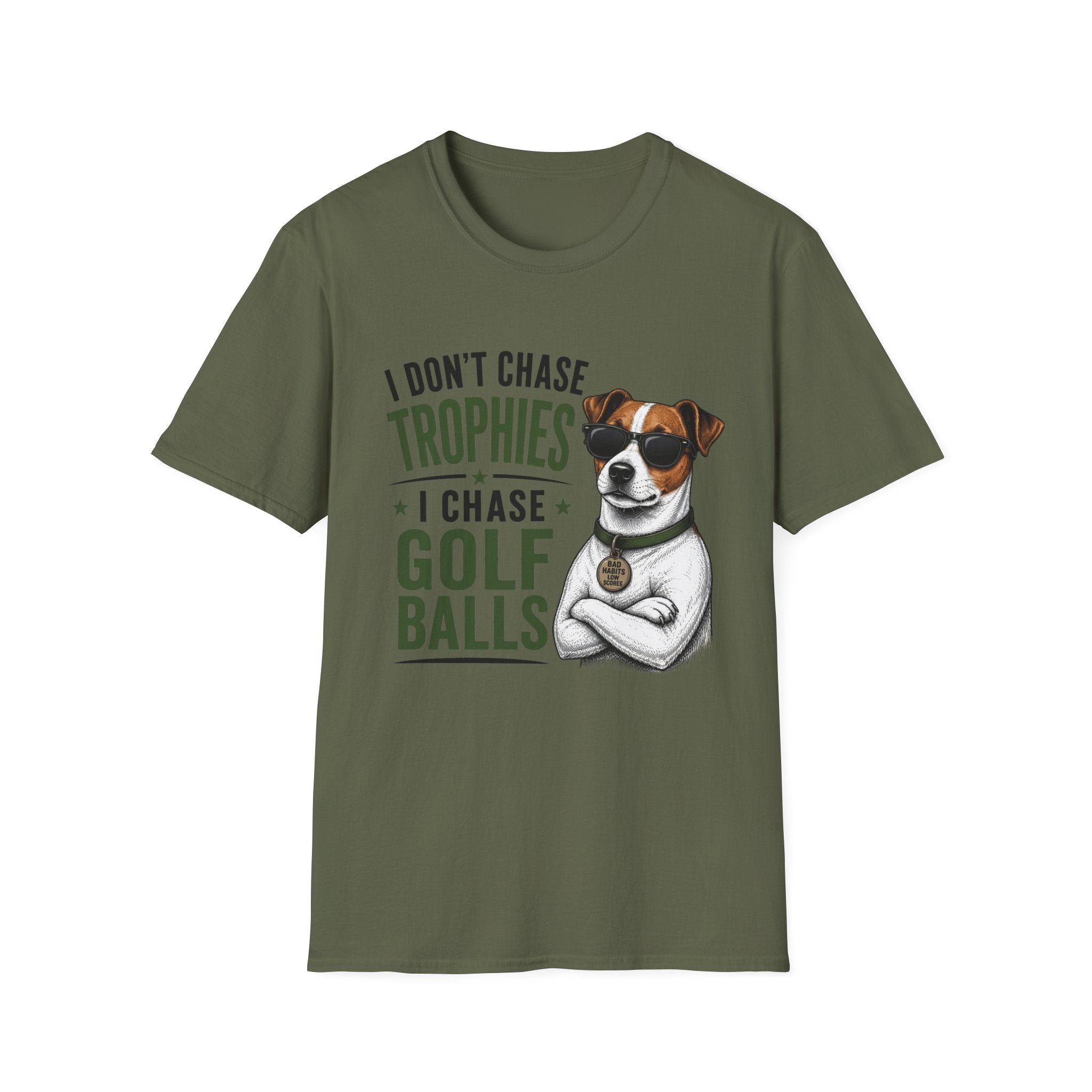 Golf Dog T‑Shirt — "I Don't Chase Trophies I Chase Golf Balls"