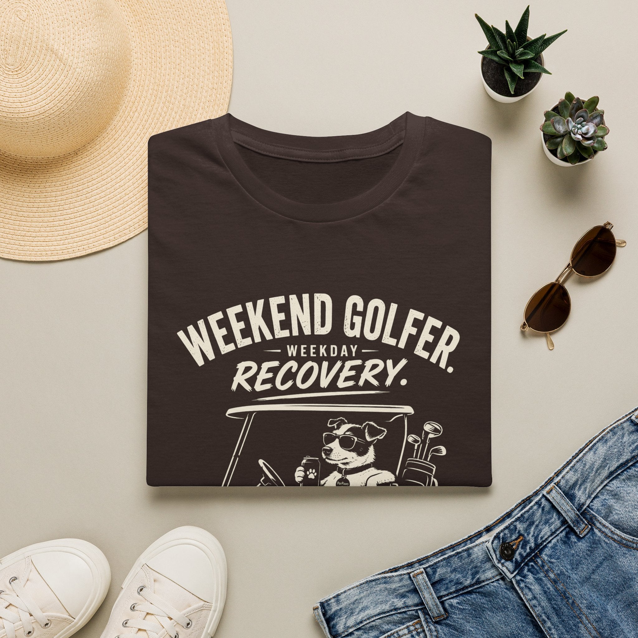 Weekend Golfer T-Shirt — “Weekend Golfer. Weekday Recovery.” Golf Cart Dog Graphic