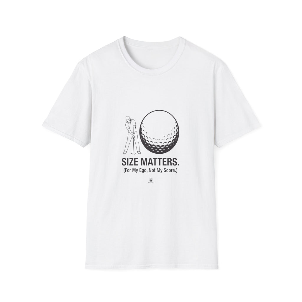 Golf T-Shirt — "Size Matters" Funny Golfer Shirt with Large Golf Ball Design