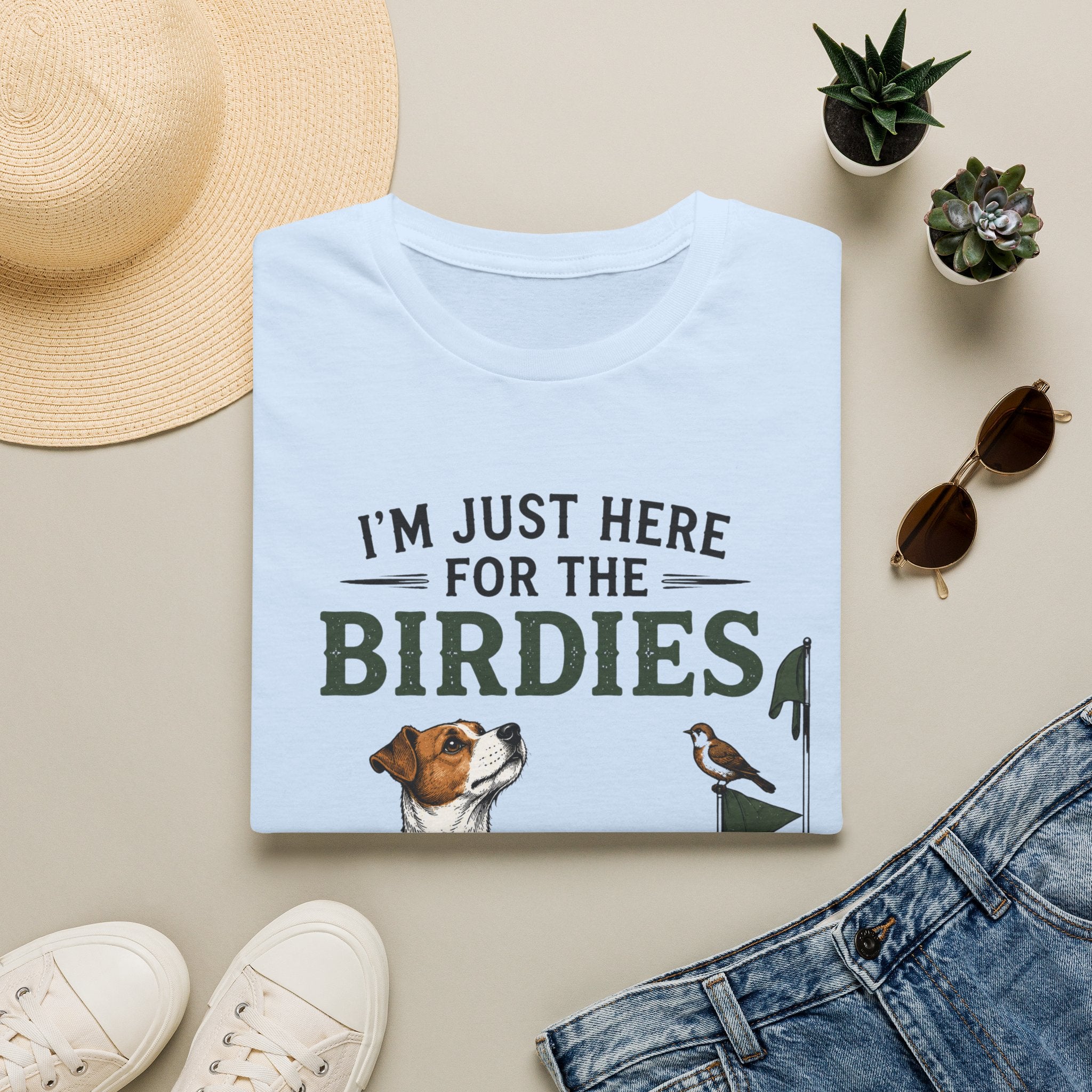 I’m Just Here for the Birdies T-Shirt — Cute Dog & Bird Golf Fan Tee