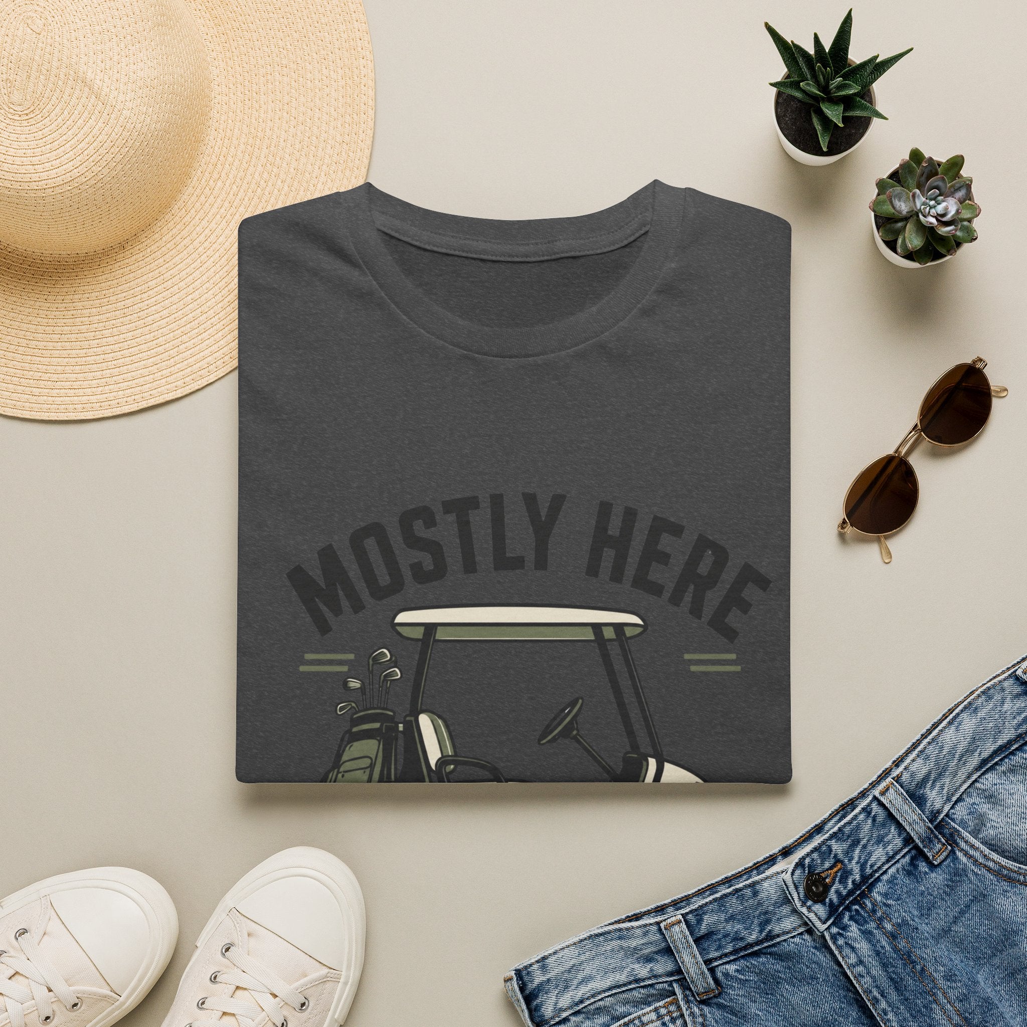 Golf Cart T-Shirt — "Mostly Here for the Cart" Casual Golf Graphic Tee