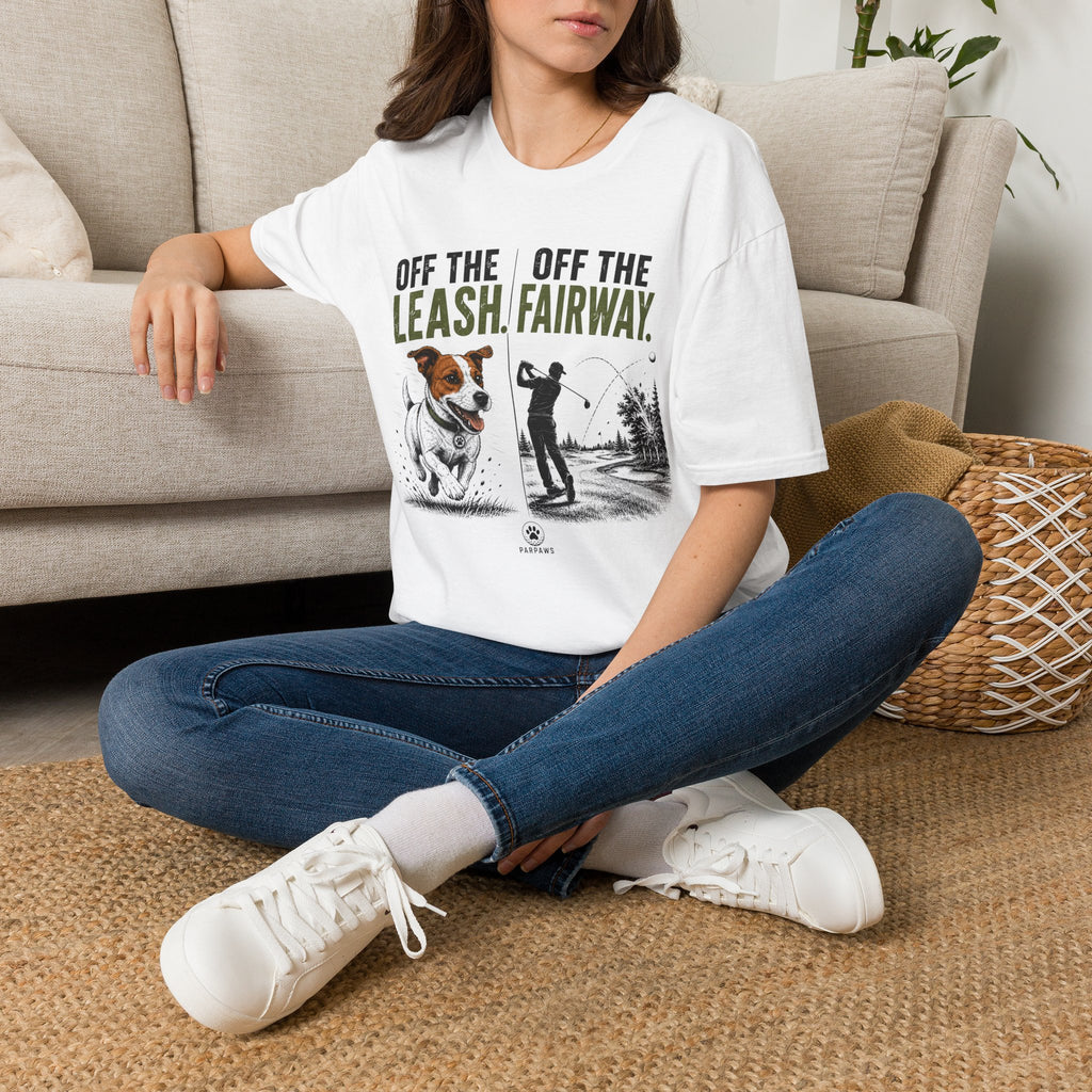 Golf T‑Shirt - "Off the Leash. Off the Fairway." Funny Golfing Dog Shirt