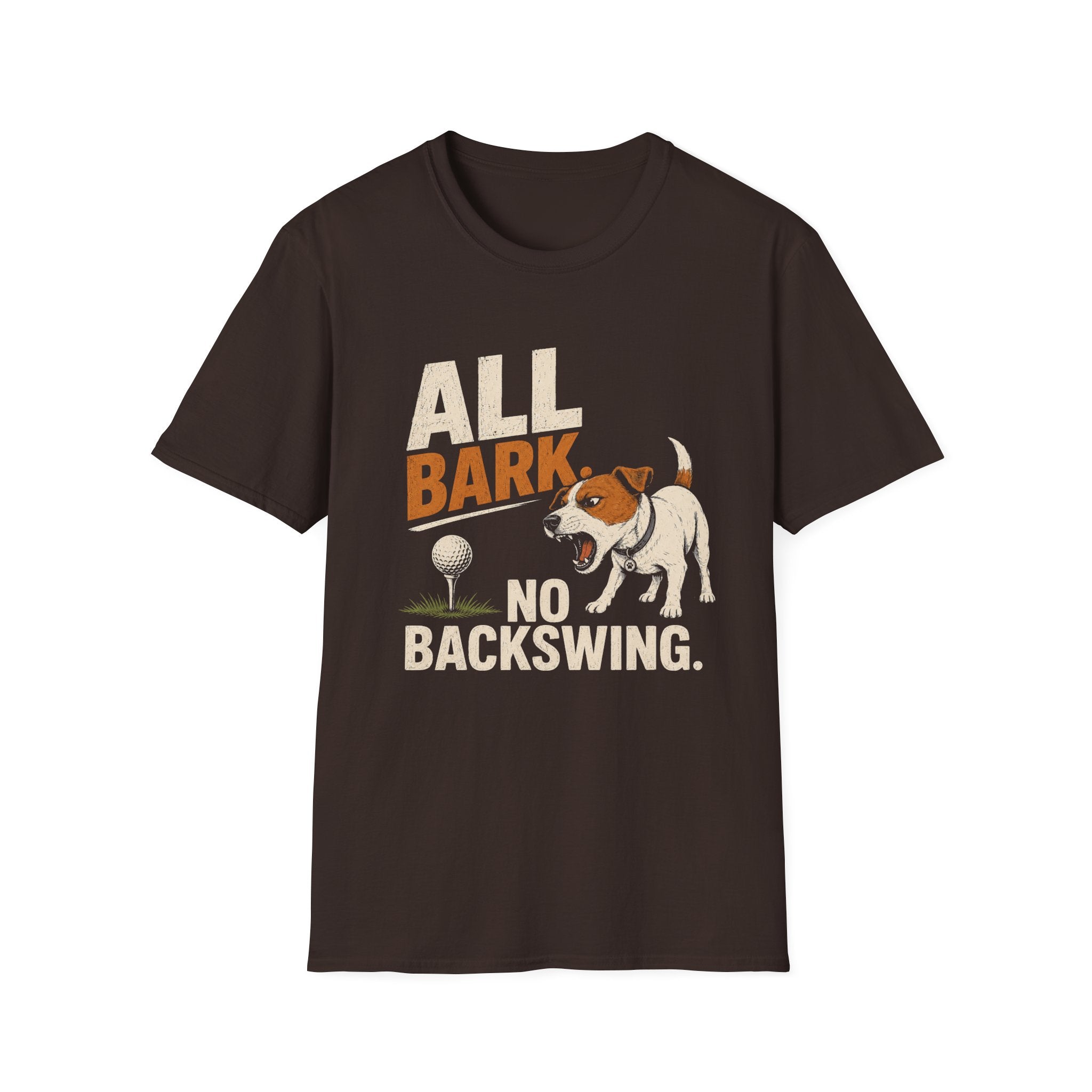 Dog Golf T-Shirt — "All Bark No Backswing" Funny Golfing Dog Tee