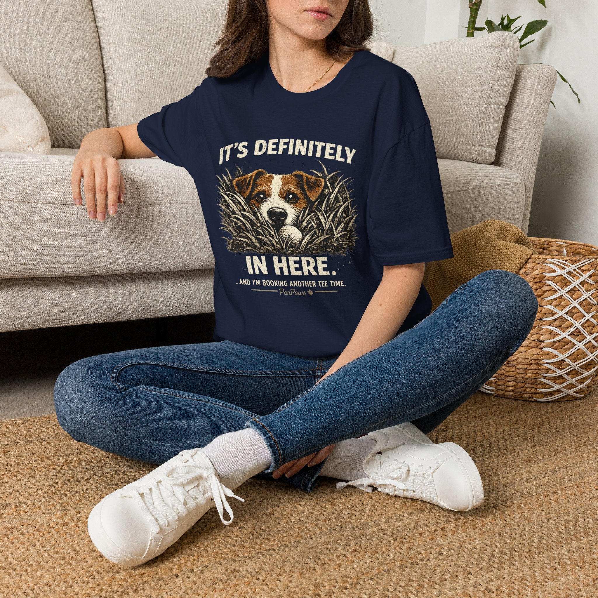 T-Shirt — "It's Definitely in Here" Dog Peeking Graphic