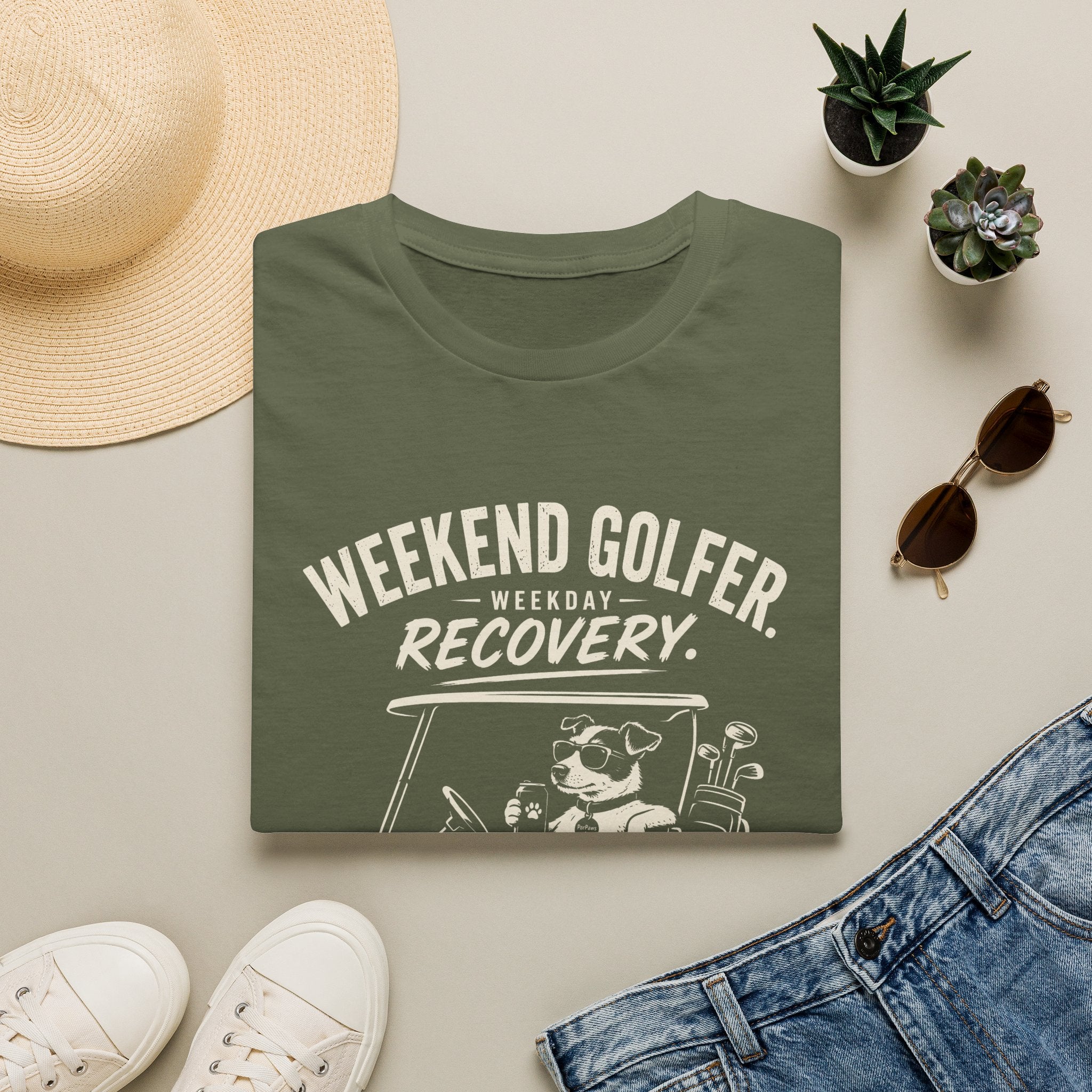 Weekend Golfer T-Shirt — “Weekend Golfer. Weekday Recovery.” Golf Cart Dog Graphic