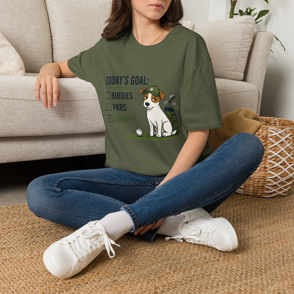 Golf Dog T-Shirt — "Today's Goal: Birdies, Pars, Survive" Funny Golfing Tee
