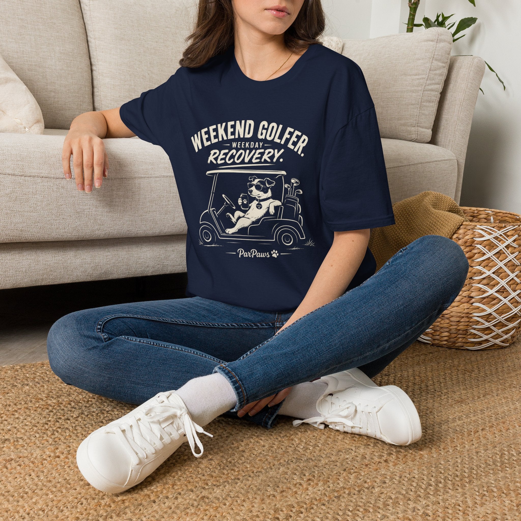 Weekend Golfer T-Shirt — “Weekend Golfer. Weekday Recovery.” Golf Cart Dog Graphic