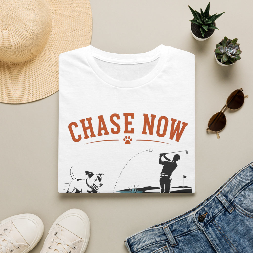 Chase Now Think Later T-Shirt — Funny Dog & Golfer Graphic Tee