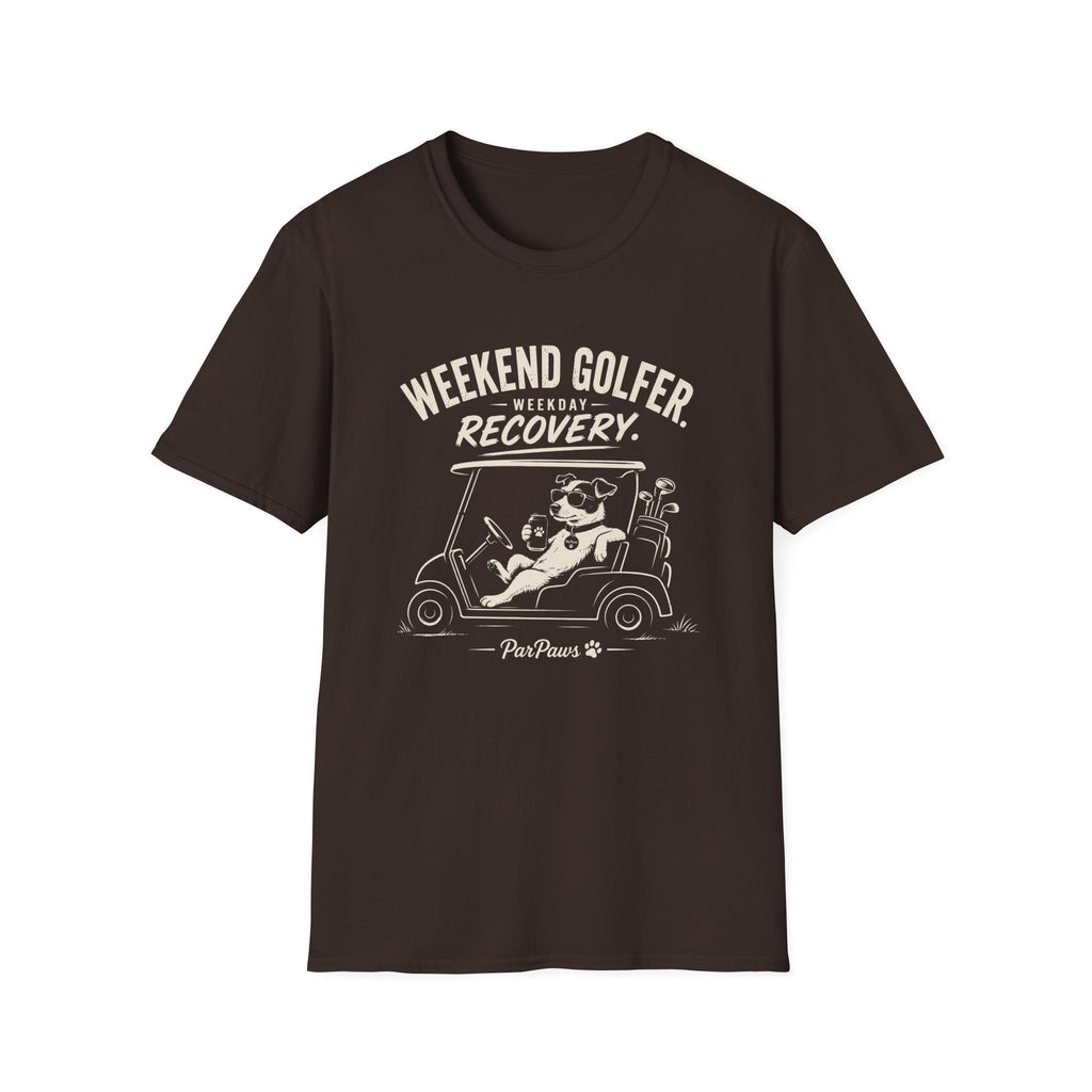 Weekend Golfer T-Shirt — “Weekend Golfer. Weekday Recovery.” Golf Cart Dog Graphic