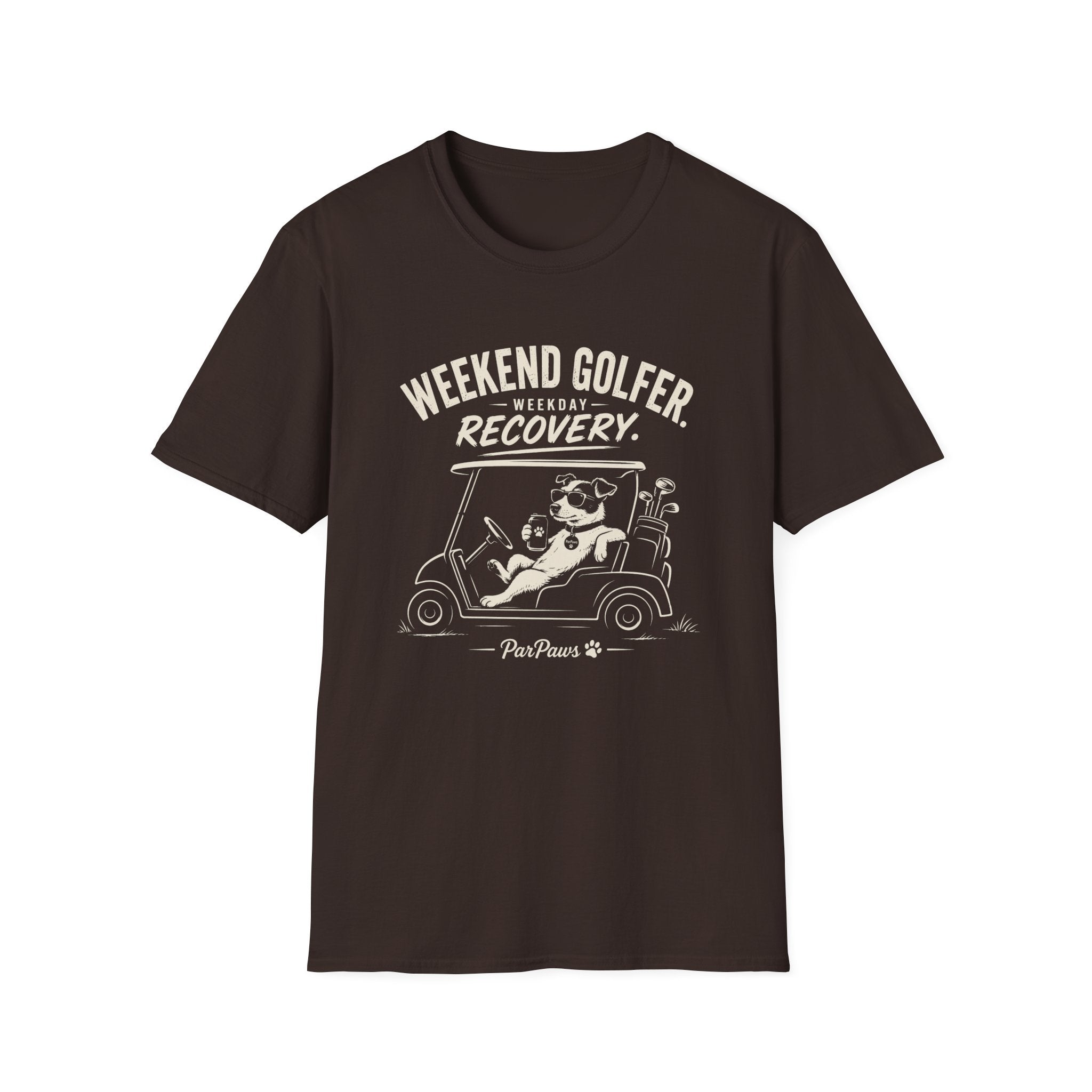 Weekend Golfer T-Shirt — “Weekend Golfer. Weekday Recovery.” Golf Cart Dog Graphic