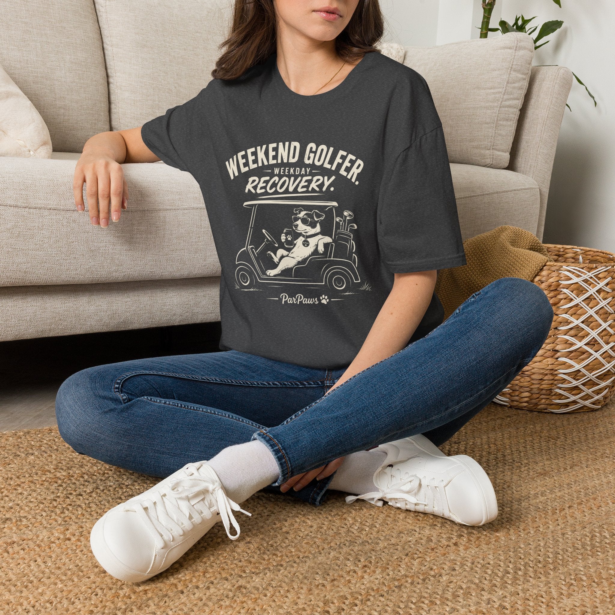 Weekend Golfer T-Shirt — “Weekend Golfer. Weekday Recovery.” Golf Cart Dog Graphic