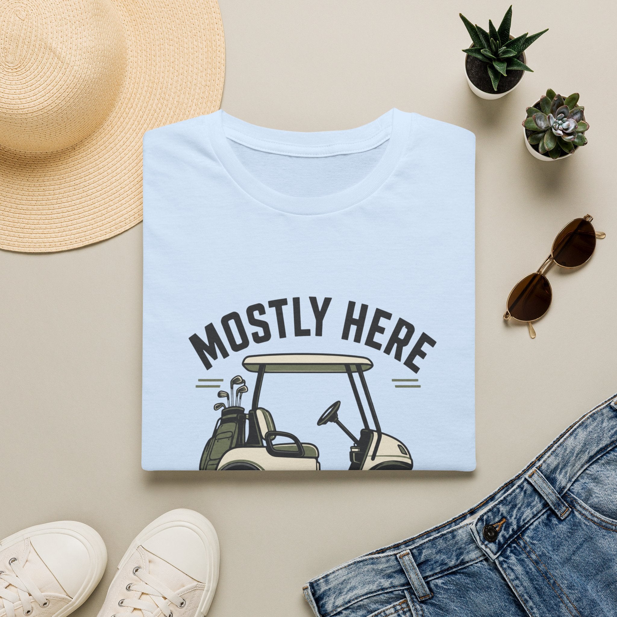 Golf Cart T-Shirt — "Mostly Here for the Cart" Casual Golfing Tee