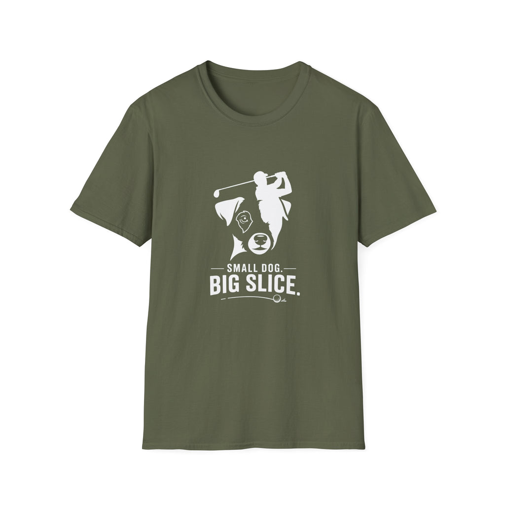 Golf Dog T-Shirt — "Small Dog. Big Slice." Funny Golfing Pet Tee