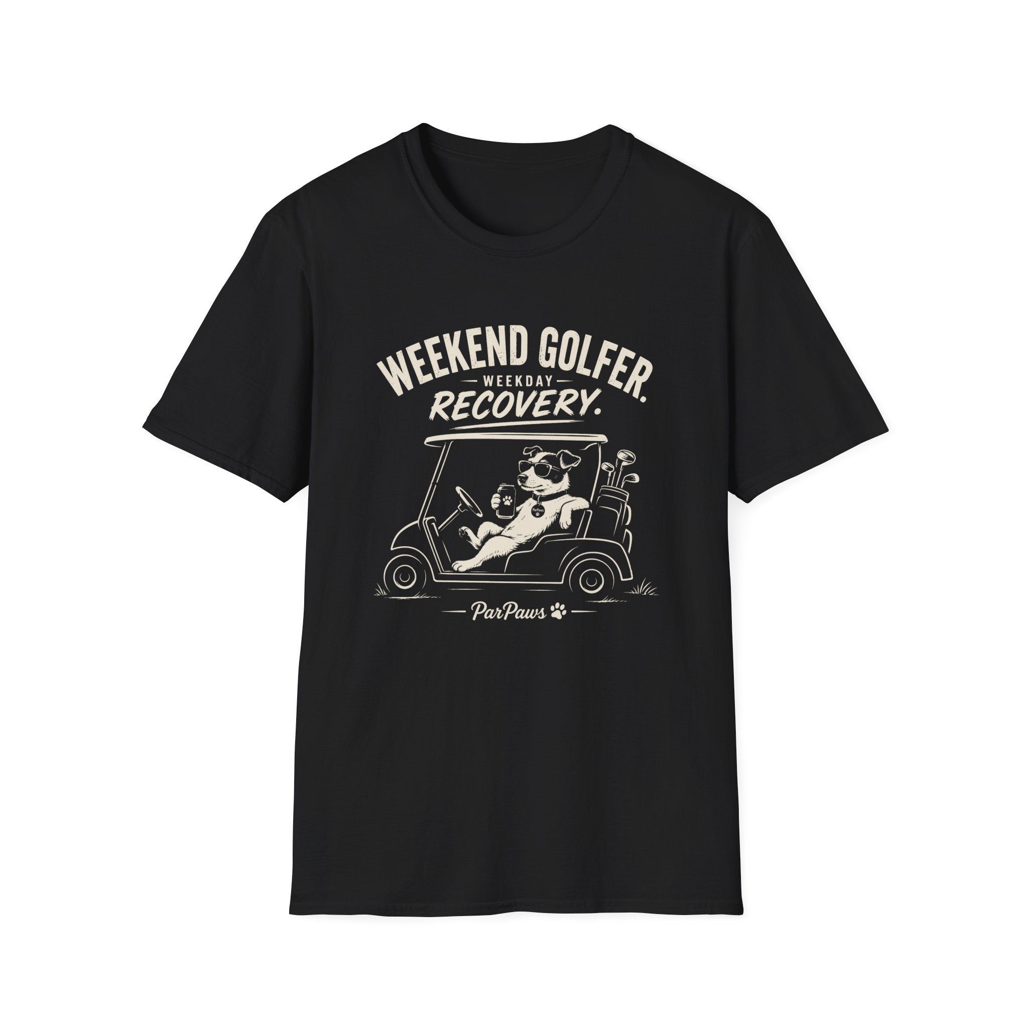 Weekend Golfer T-Shirt — “Weekend Golfer. Weekday Recovery.” Golf Cart Dog Graphic