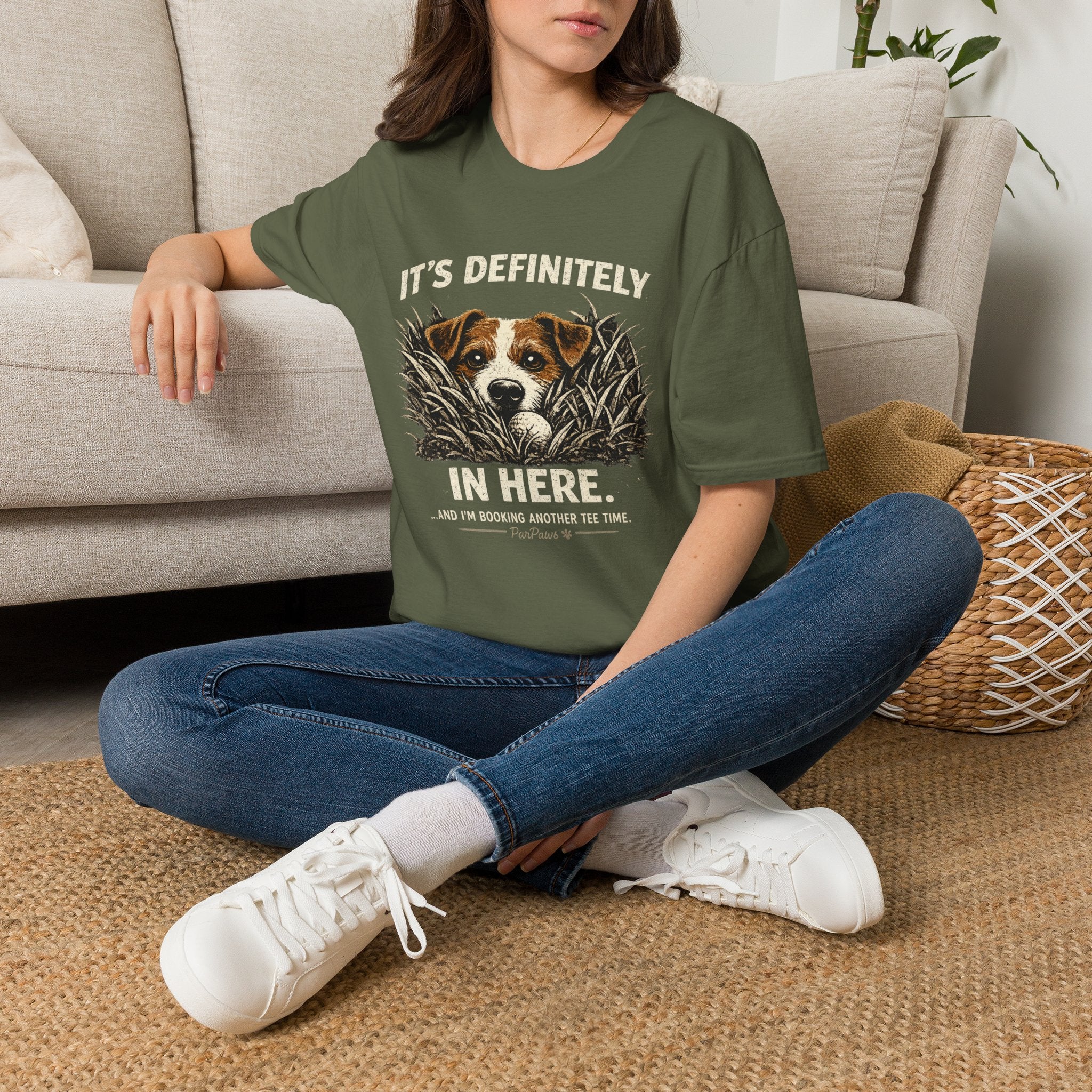 T-Shirt — "It's Definitely in Here" Dog Peeking Graphic