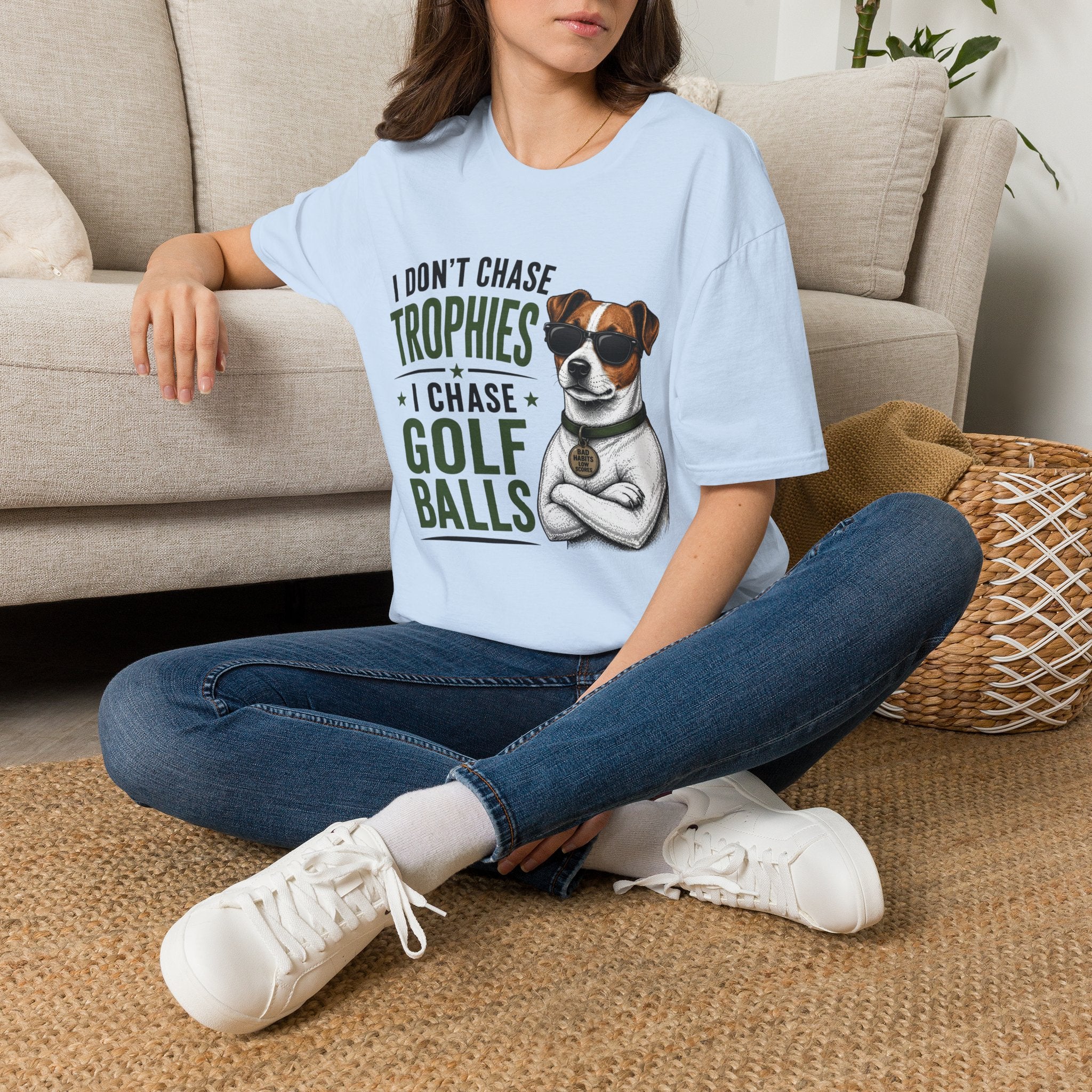 Golf Dog T‑Shirt — "I Don't Chase Trophies I Chase Golf Balls"