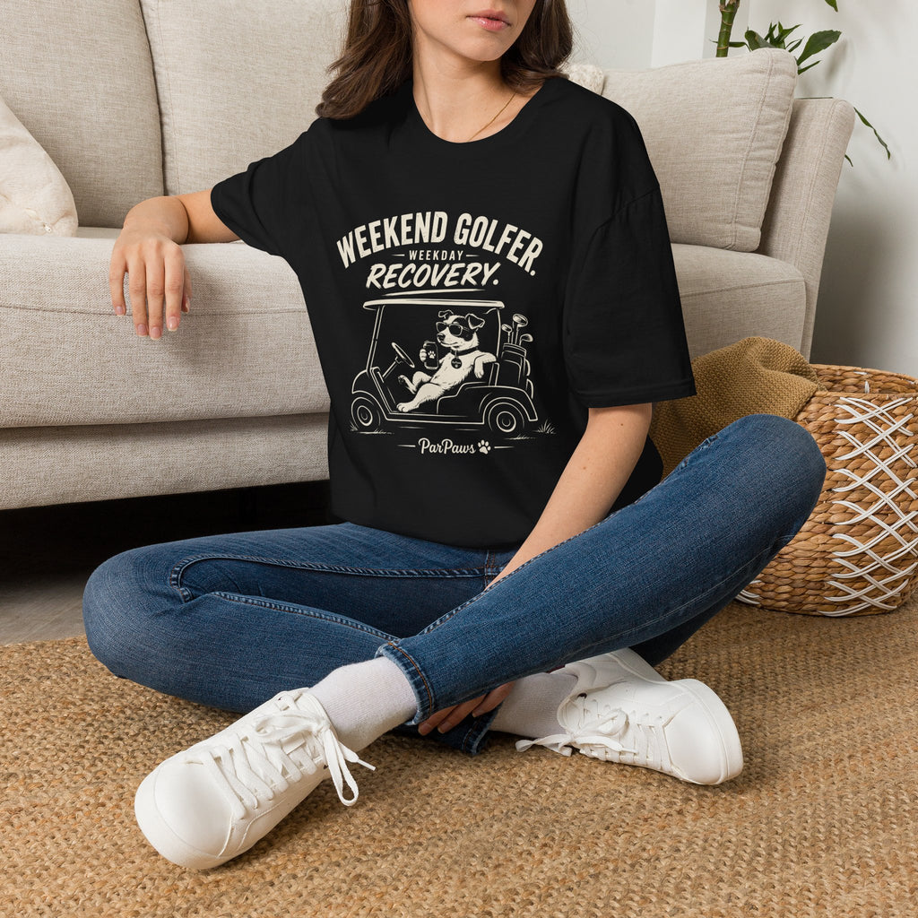 Weekend Golfer T-Shirt — “Weekend Golfer. Weekday Recovery.” Golf Cart Dog Graphic