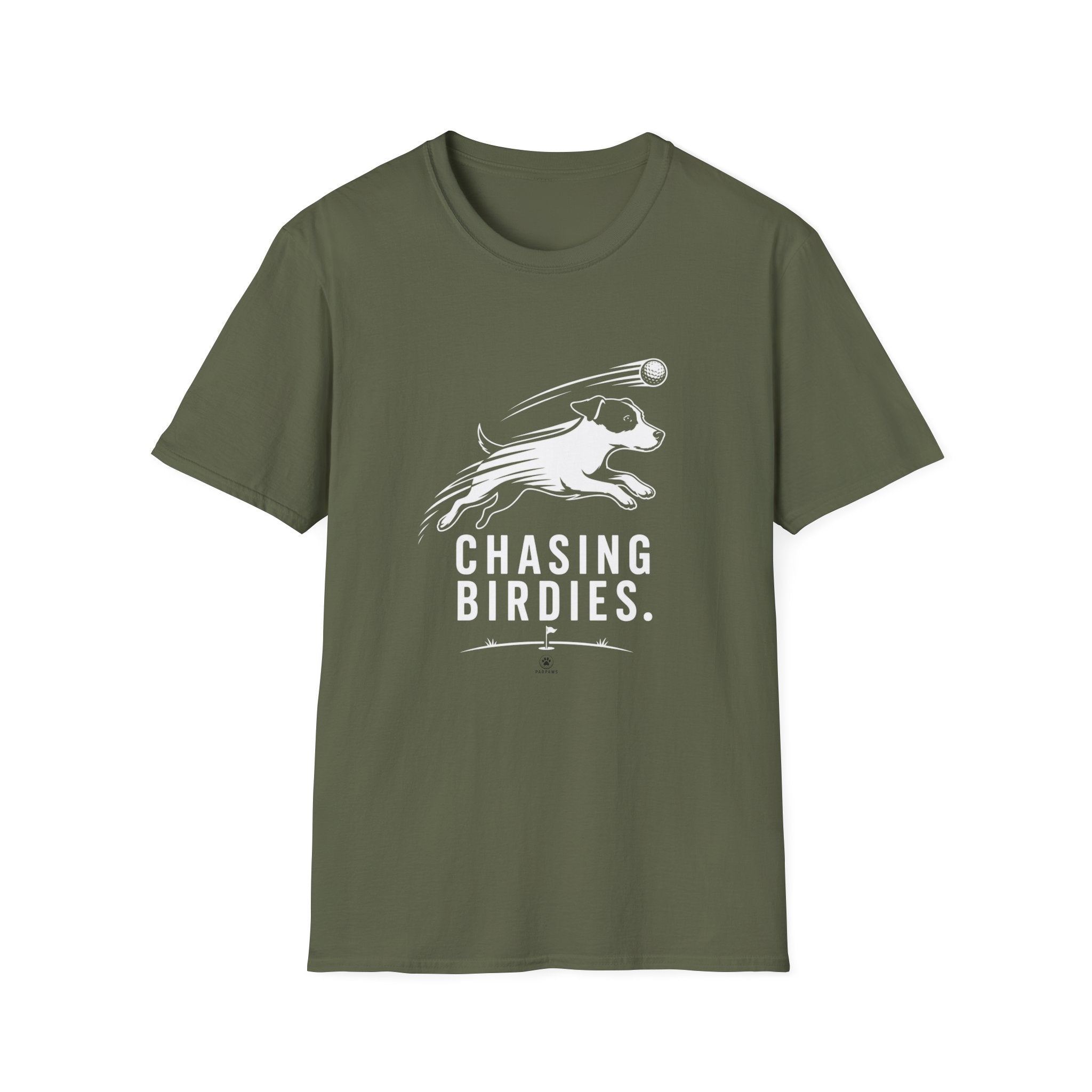 T-Shirt — "Chasing Birdies" Dog Badminton Graphic Tee