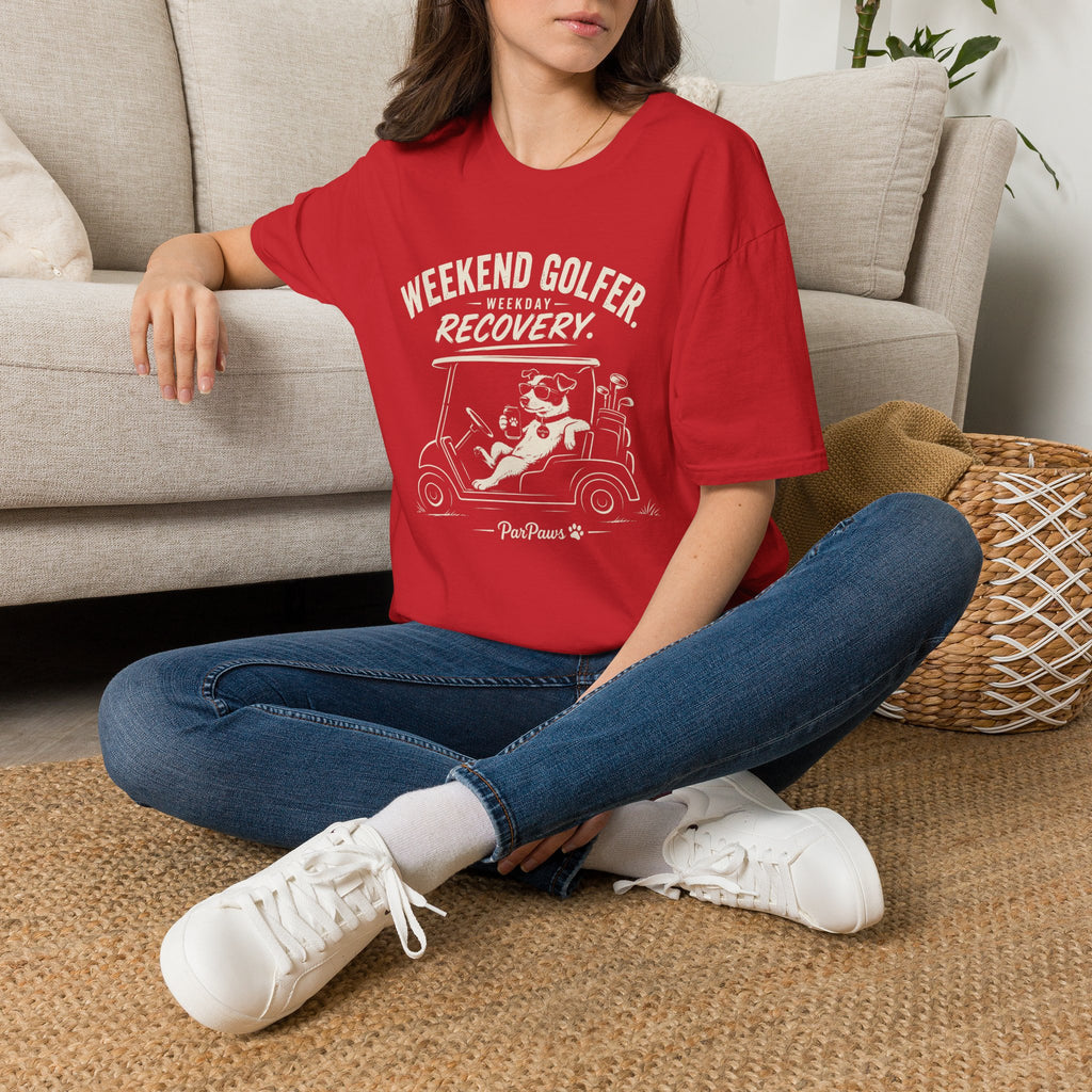 Weekend Golfer T-Shirt — “Weekend Golfer. Weekday Recovery.” Golf Cart Dog Graphic