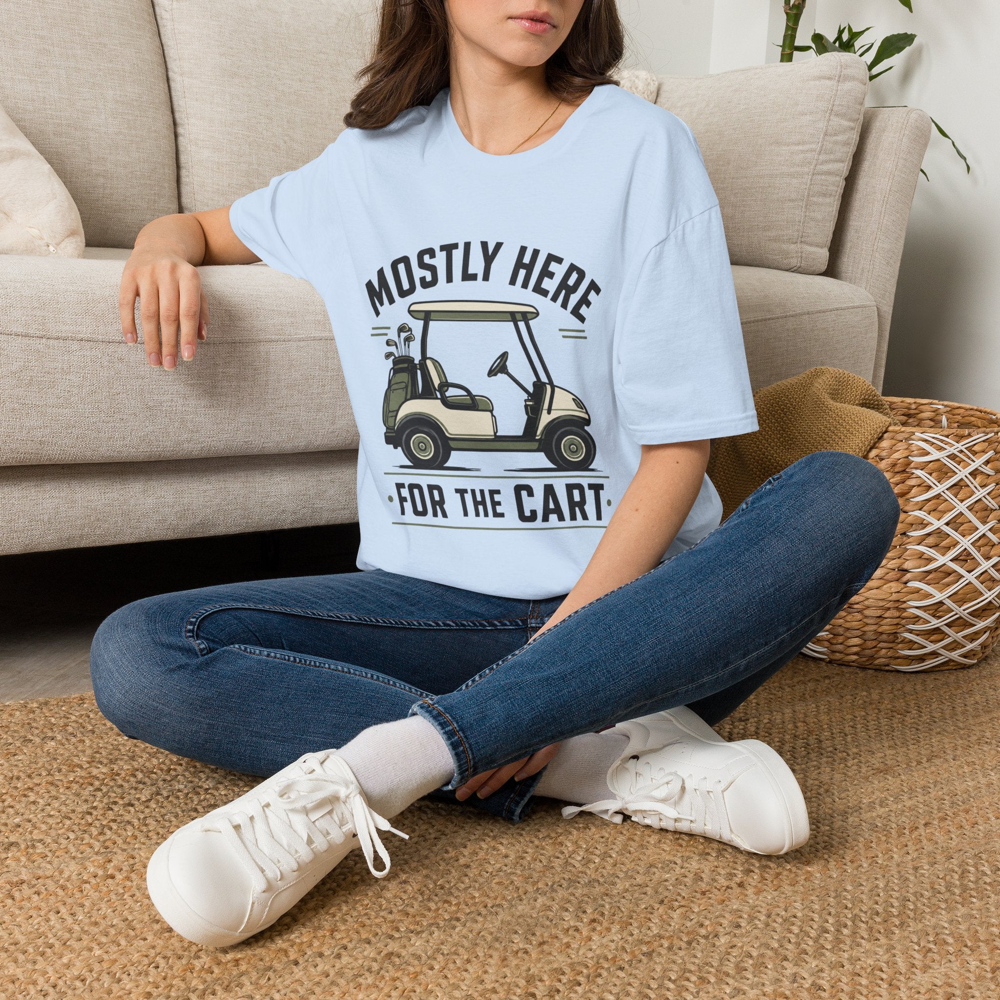Golf Cart T-Shirt — "Mostly Here for the Cart" Casual Golf Graphic Tee
