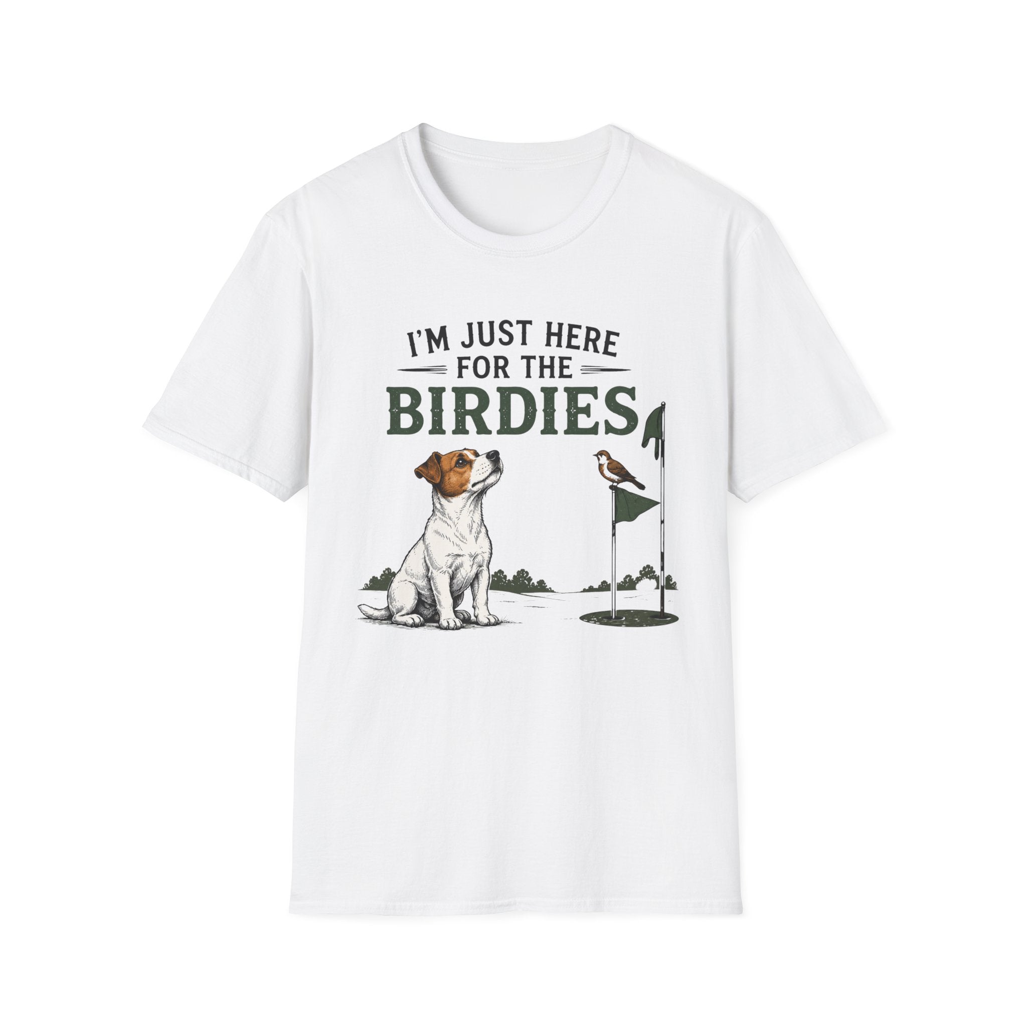 I’m Just Here for the Birdies T-Shirt — Cute Dog & Bird Golf Fan Tee