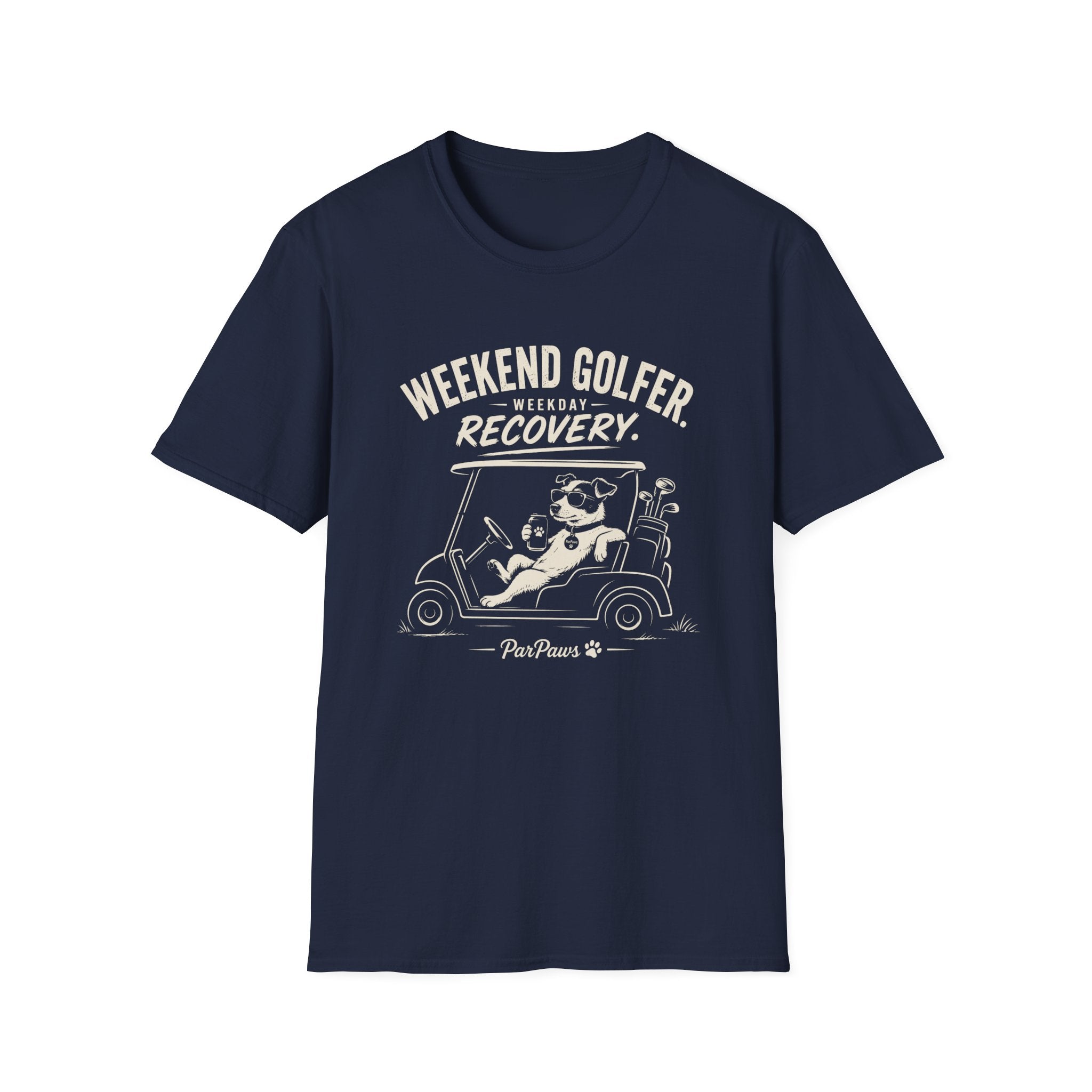 Weekend Golfer T-Shirt — “Weekend Golfer. Weekday Recovery.” Golf Cart Dog Graphic