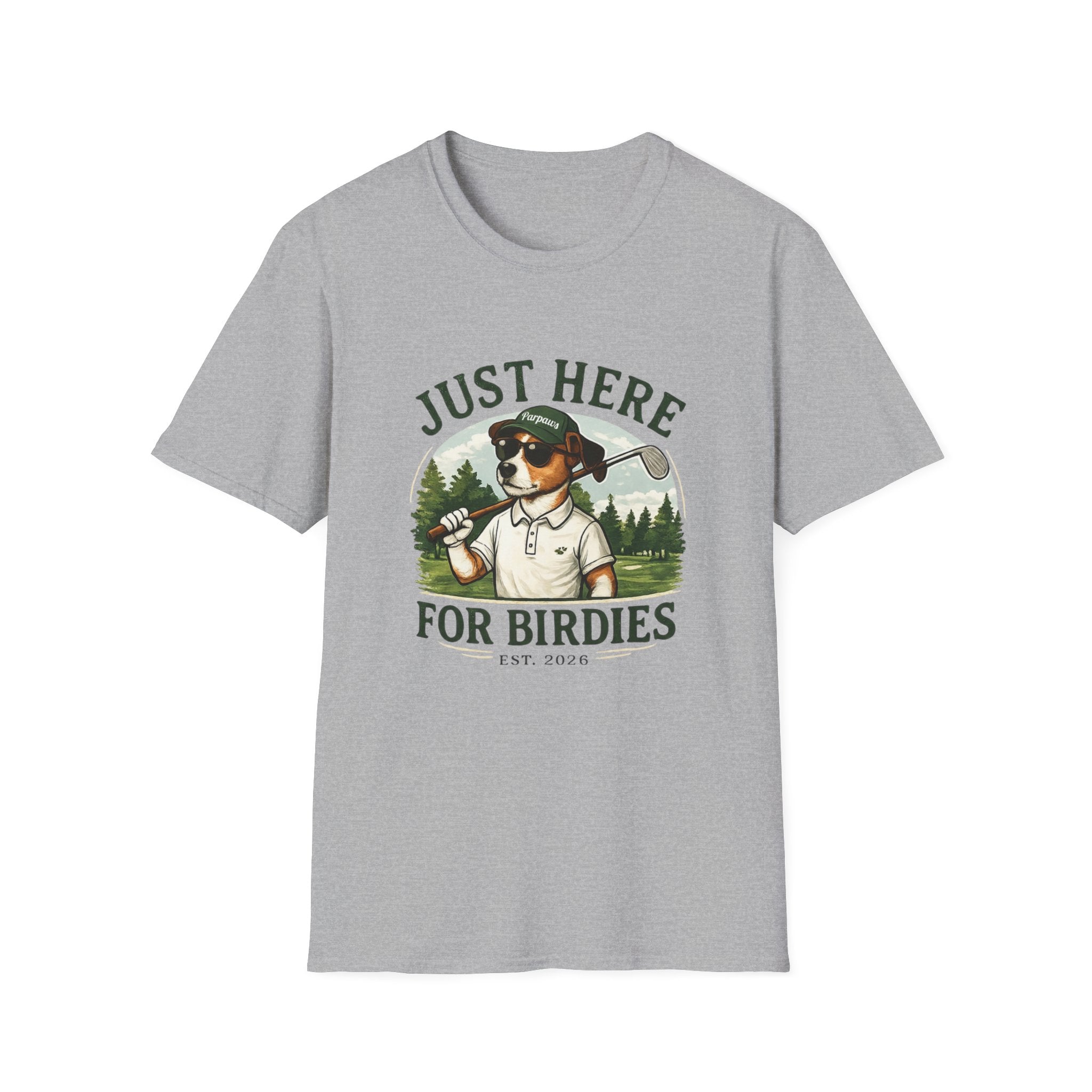 Golf Dog T‑Shirt — "Just Here for Birdies" Casual Golfing Tee