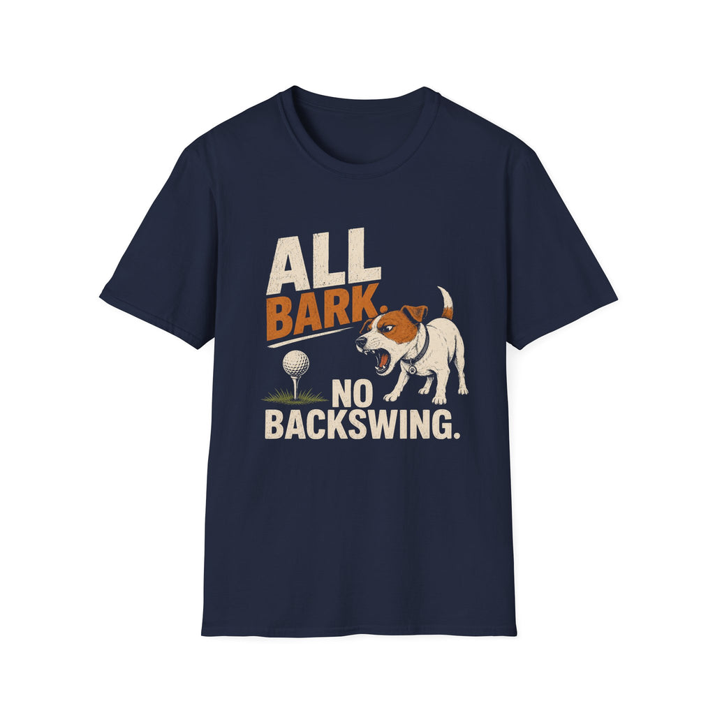 Dog Golf T-Shirt — "All Bark No Backswing" Funny Golfing Dog Tee