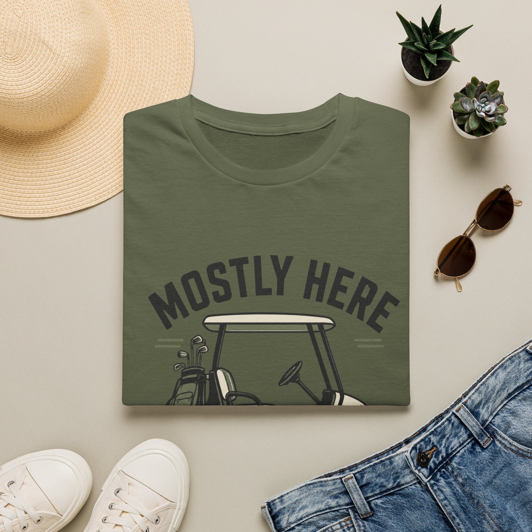 Golf Cart T-Shirt — "Mostly Here for the Cart" Casual Golf Graphic Tee