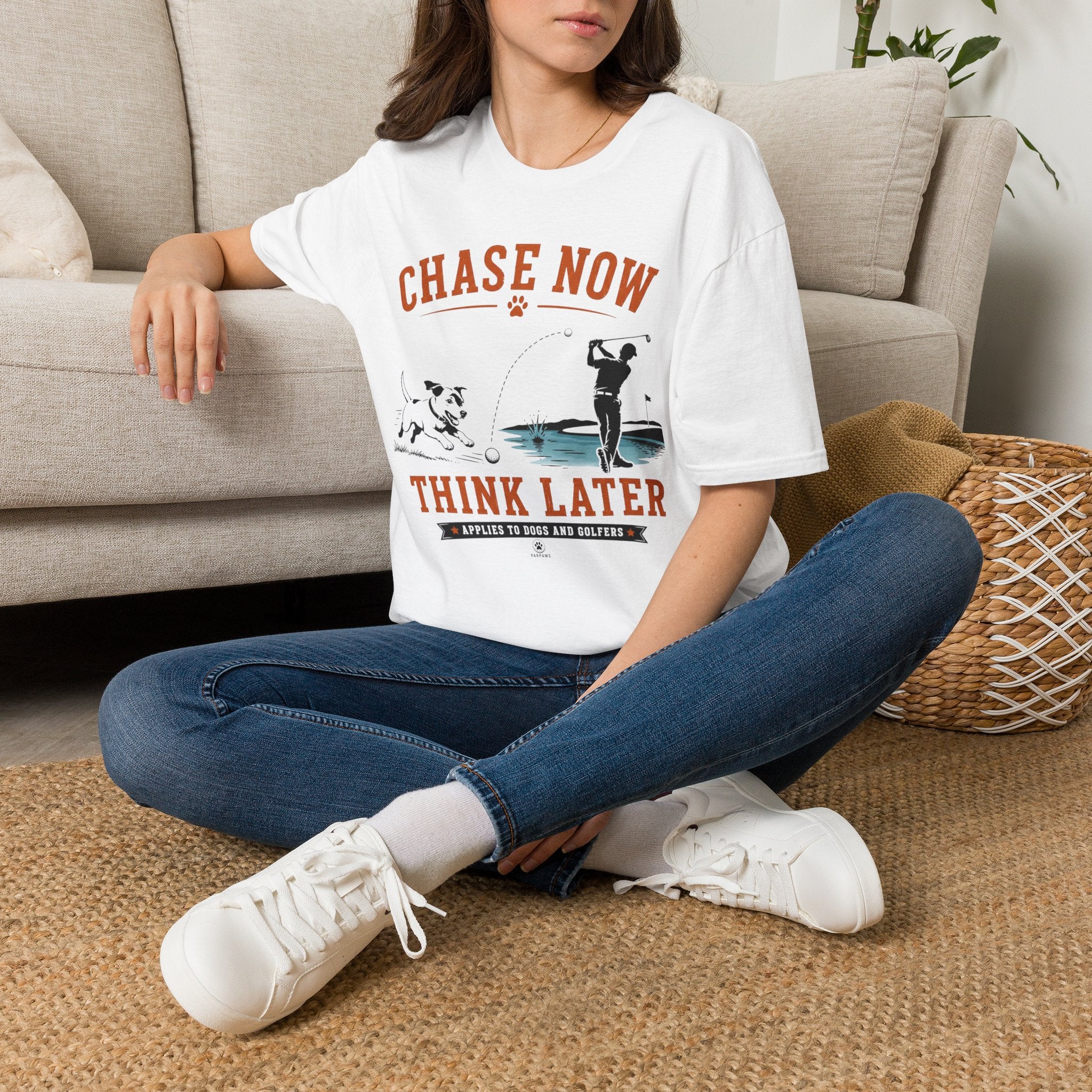 Chase Now Think Later T-Shirt — Funny Dog & Golfer Graphic Tee