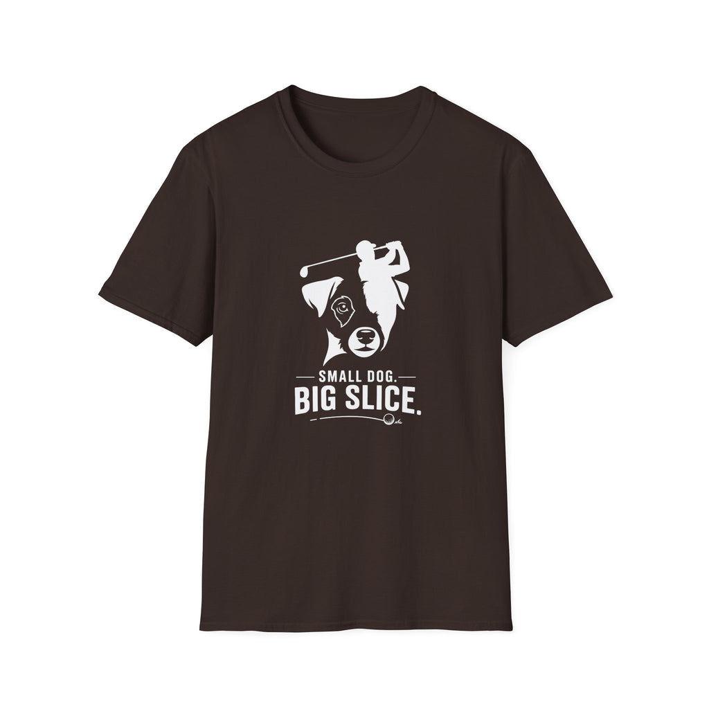 Golf Dog T-Shirt — "Small Dog. Big Slice." Funny Golfing Pet Tee