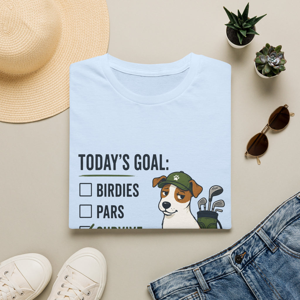 Golf Dog T-Shirt — "Today's Goal: Birdies, Pars, Survive" Funny Golfing Tee