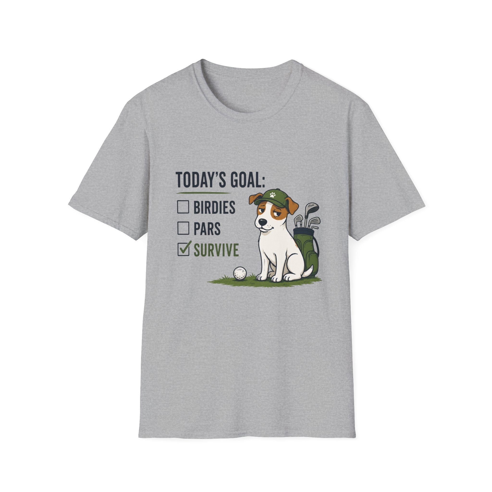 Golf Dog T-Shirt — "Today's Goal: Birdies, Pars, Survive" Funny Golfing Tee