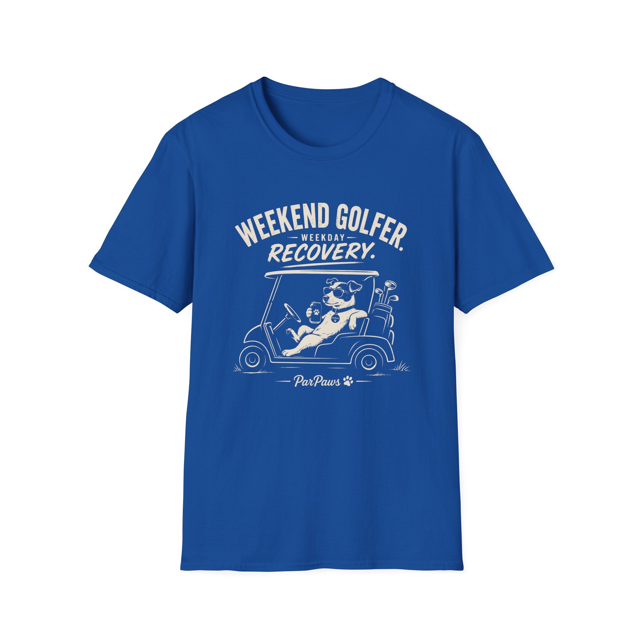 Weekend Golfer T-Shirt — “Weekend Golfer. Weekday Recovery.” Golf Cart Dog Graphic