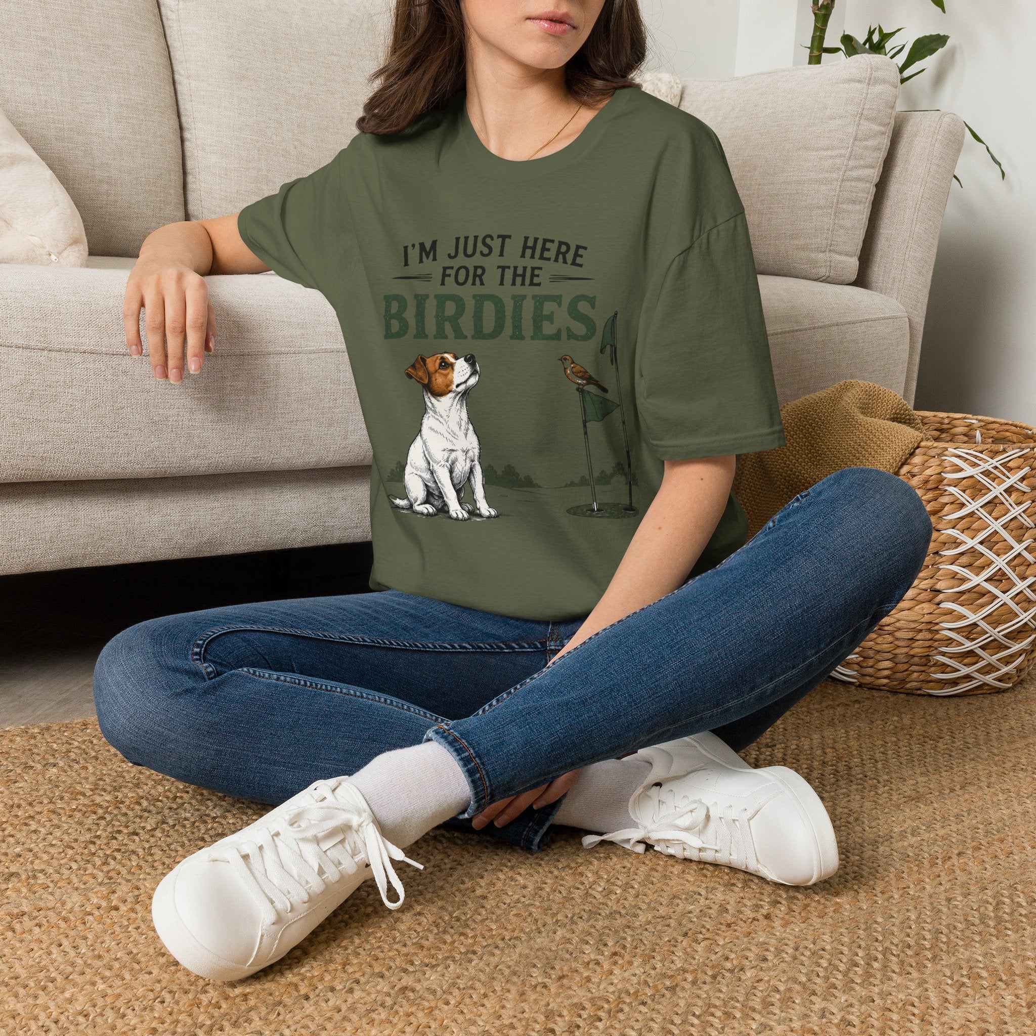I’m Just Here for the Birdies T-Shirt — Cute Dog & Bird Golf Fan Tee