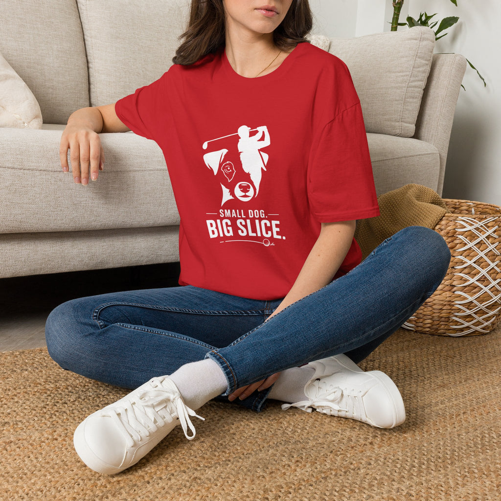 Golf Dog T-Shirt — "Small Dog. Big Slice." Funny Golfing Pet Tee