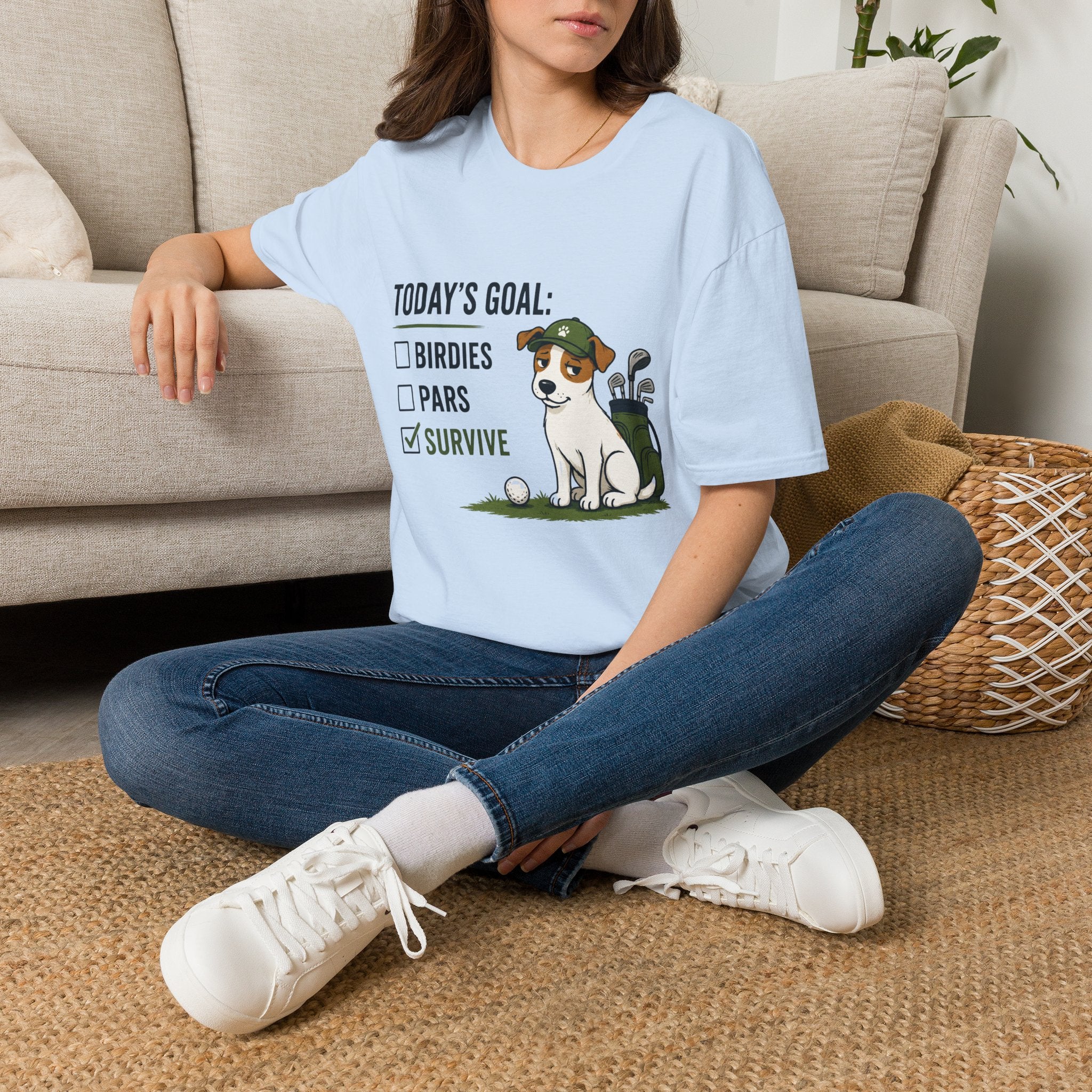 Golf Dog T-Shirt — "Today's Goal: Birdies, Pars, Survive" Funny Golfing Tee