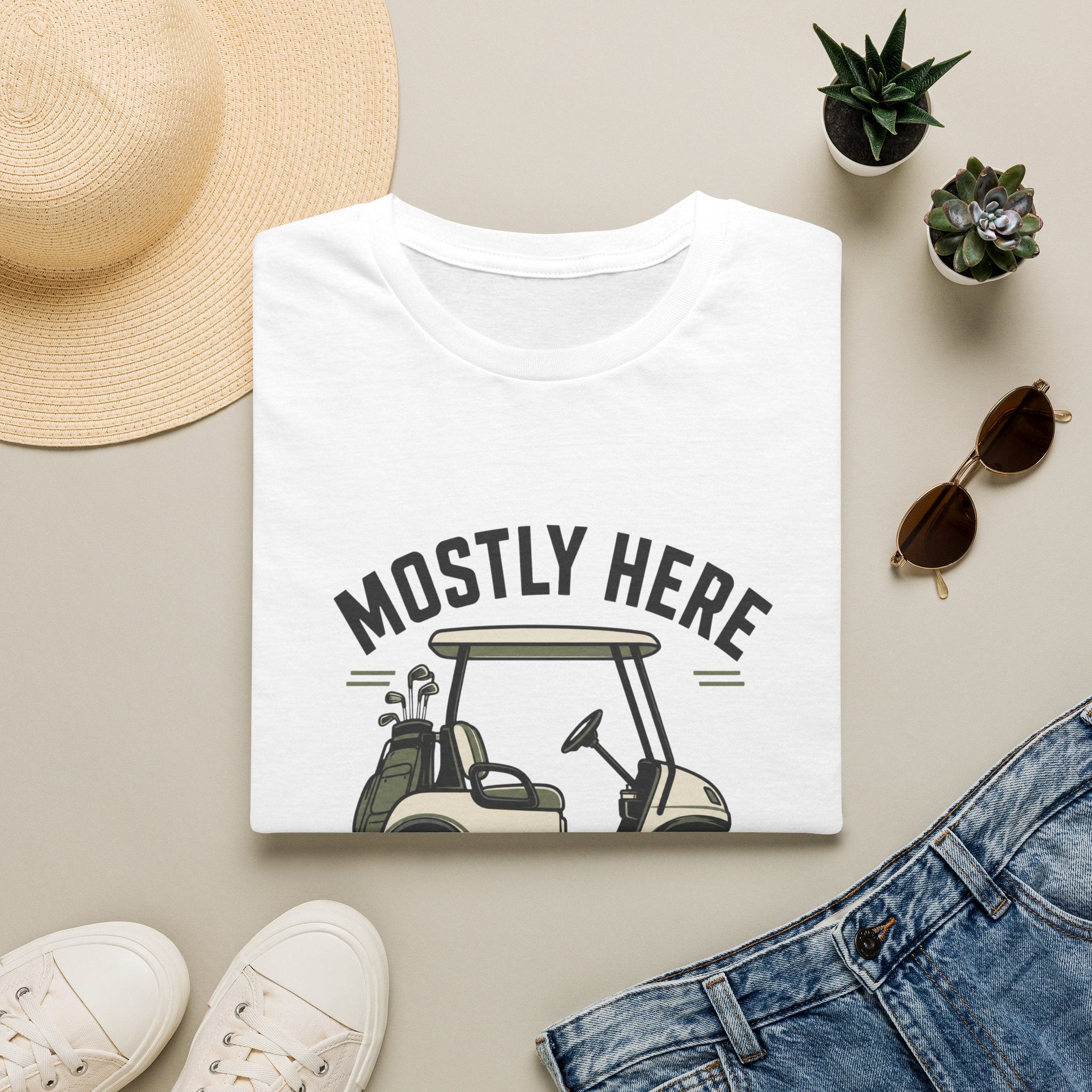 Golf Cart T-Shirt — "Mostly Here for the Cart" Casual Golfing Tee