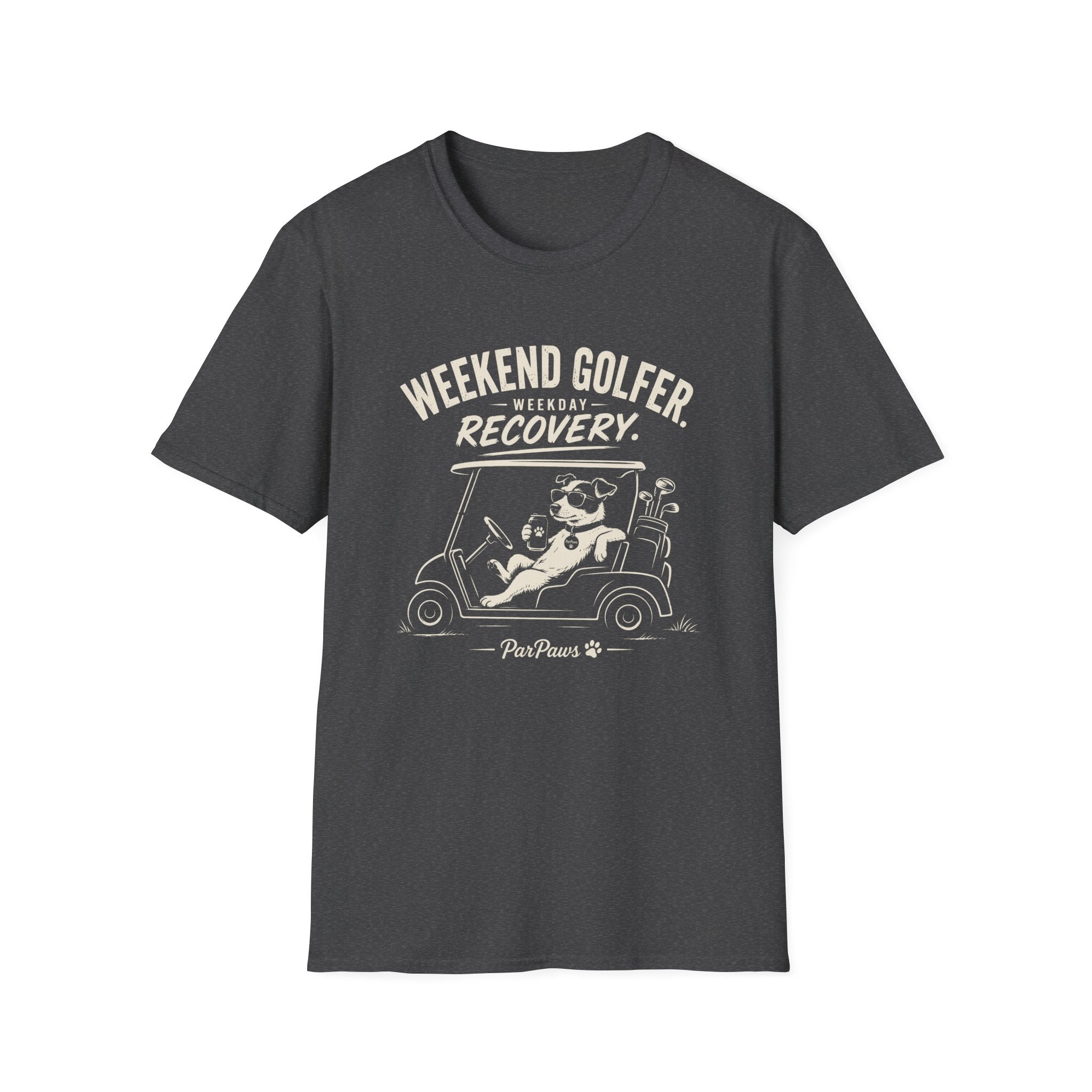 Weekend Golfer T-Shirt — “Weekend Golfer. Weekday Recovery.” Golf Cart Dog Graphic