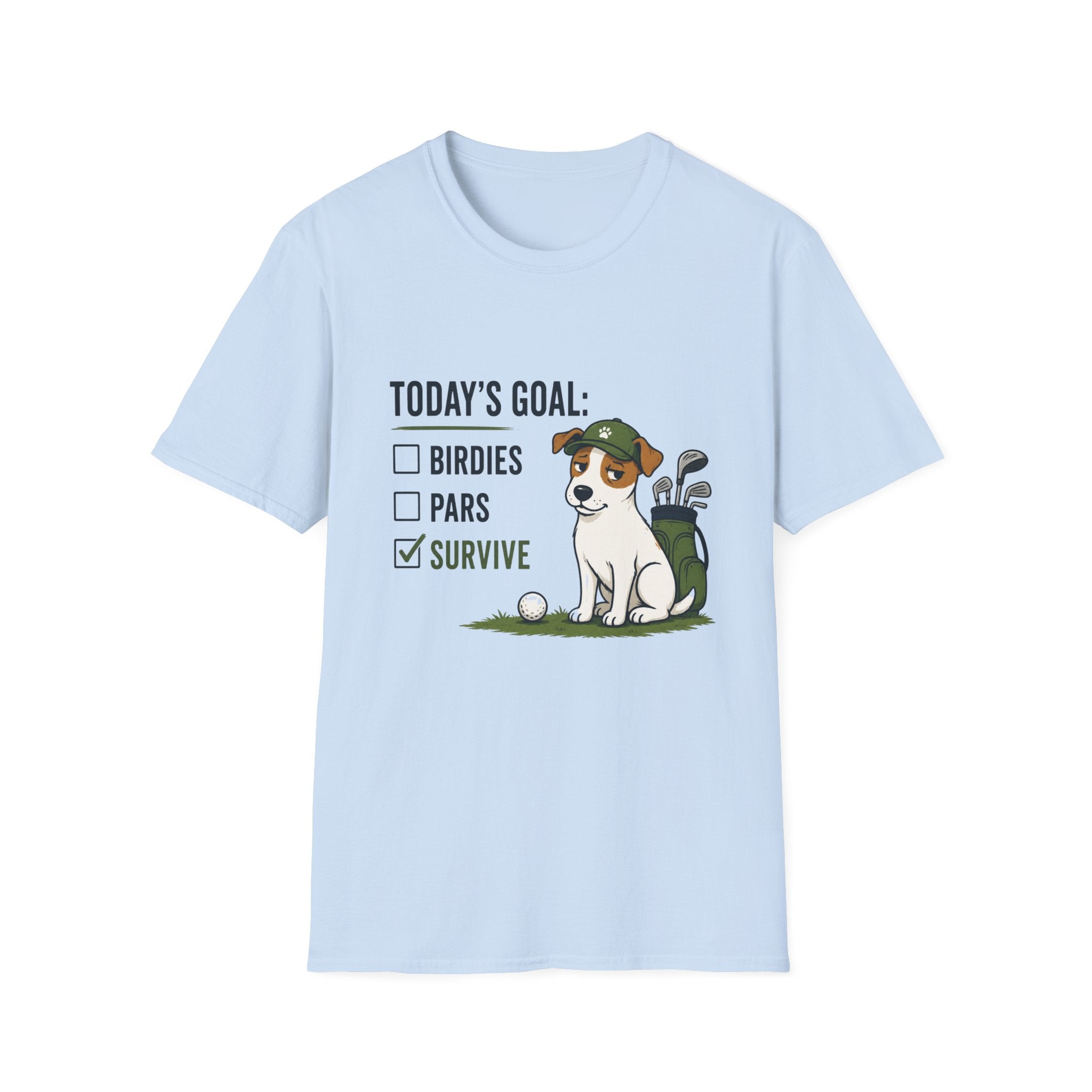 Golf Dog T-Shirt — "Today's Goal: Birdies, Pars, Survive" Funny Golfing Tee